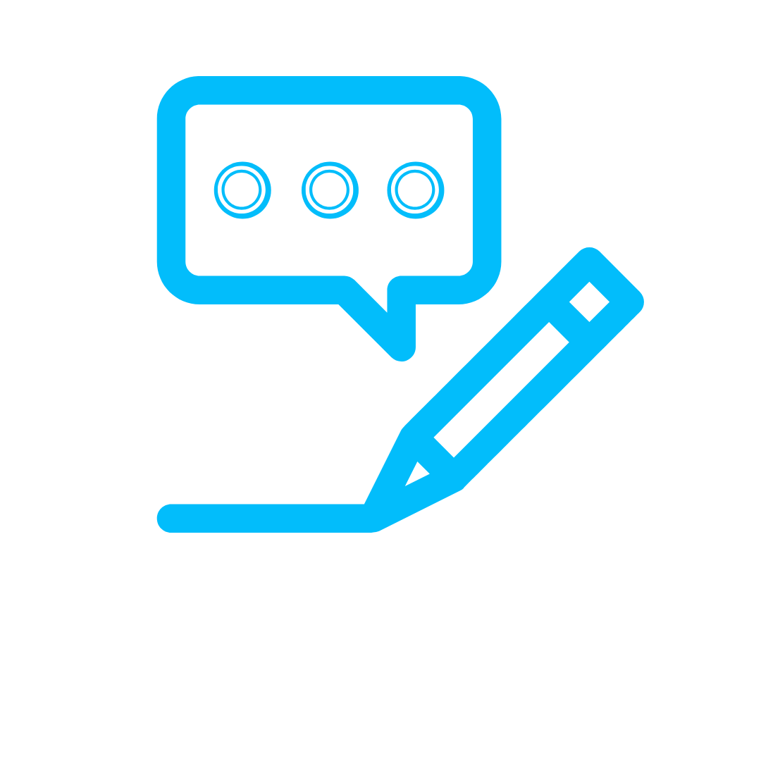 Blue outline icon of a speech bubble with three dots, a pen, and the word 'COPYWRITING' underneath on a black background.