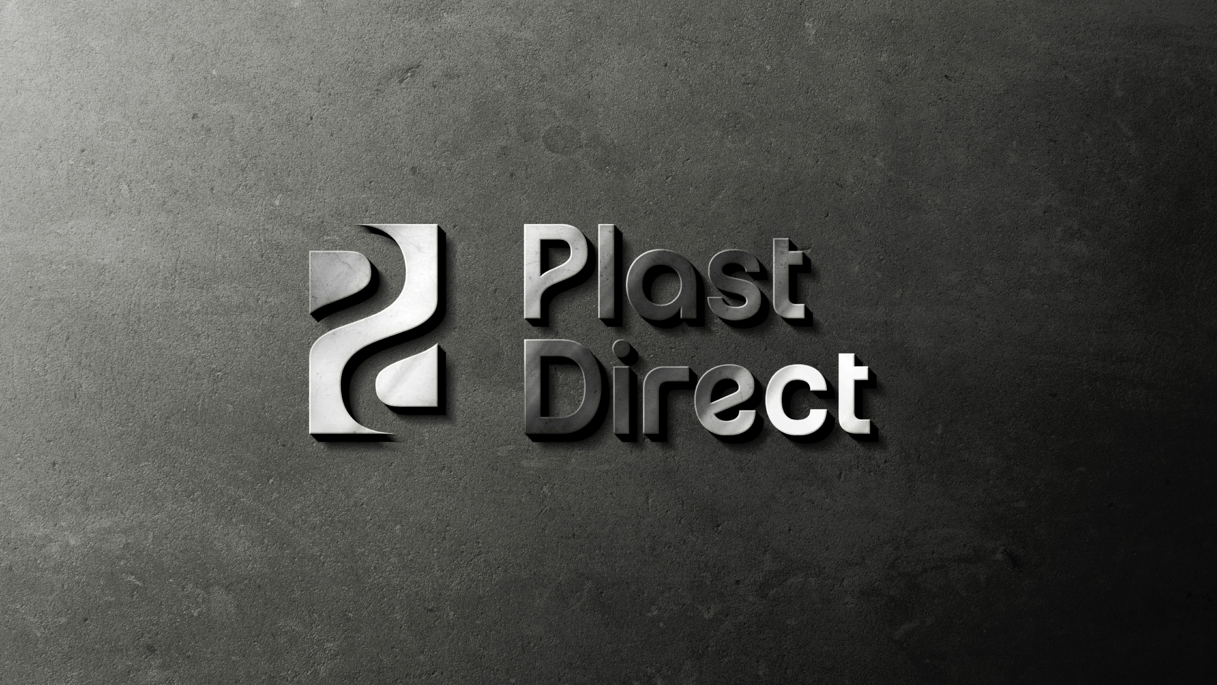 3D metallic logo on a dark textured surface with the words 'Plast Direct' and a stylized 'P' symbol.