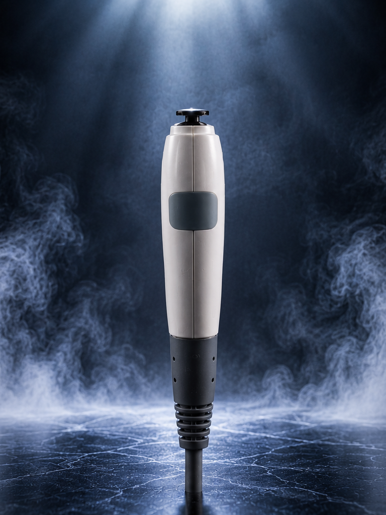 A sleek, modern ice hockey puck lifter with a black handle and a silver body, standing upright on an ice rink with mist and spotlight effects.