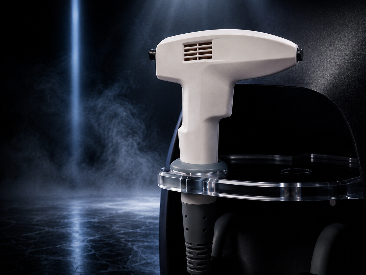 A white handheld steam cleaner with a black cord is positioned on a transparent stand against a dark background, emitting visible steam and light.