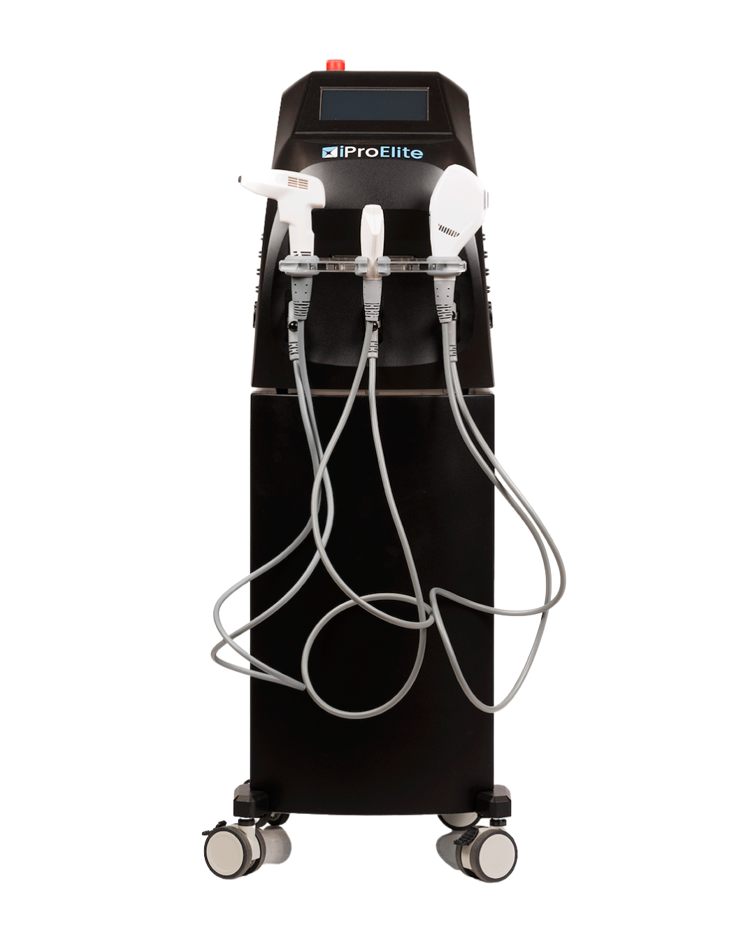 The iProElite machine with three handpieces on a black stand with wheels