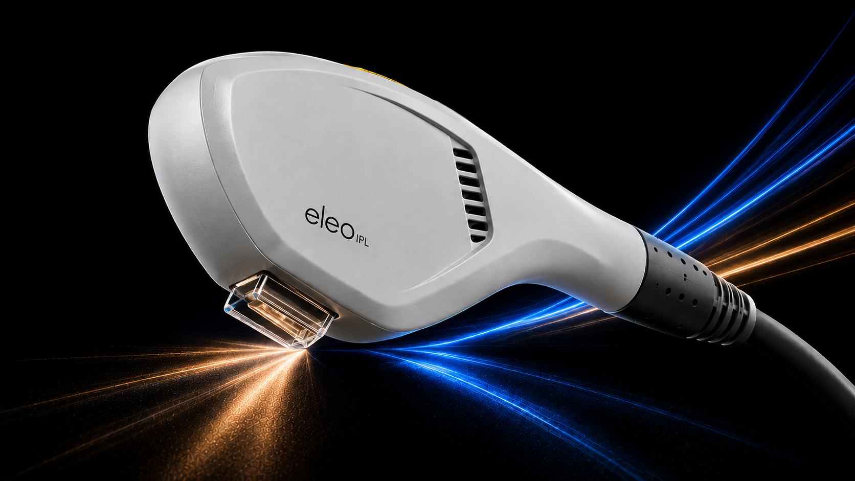 A close-up of an Eleo IPL laser device with blue and orange light beams emanating from it against a black background.