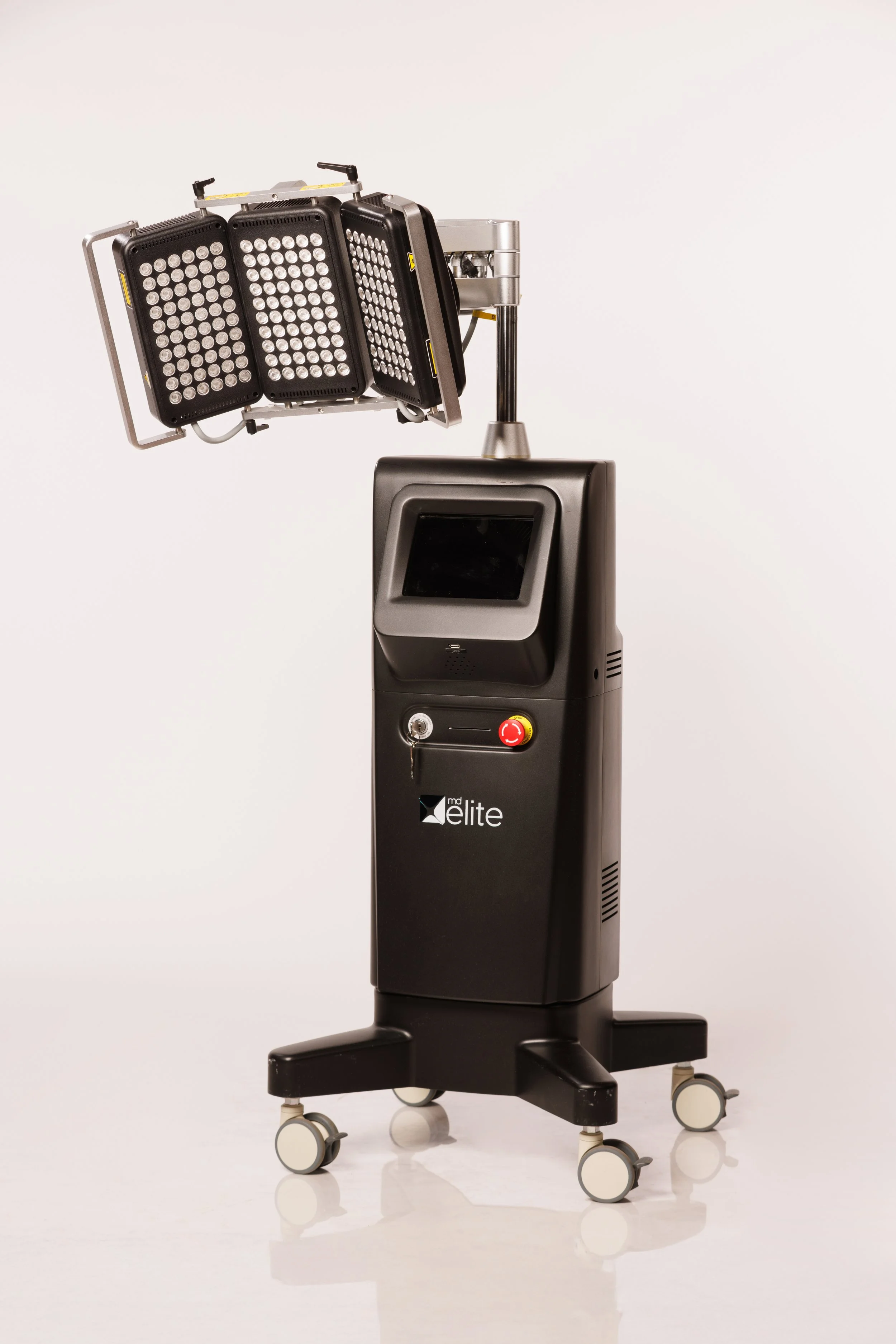 Dental laser device with a digital screen and light-emitting diode attachments.
