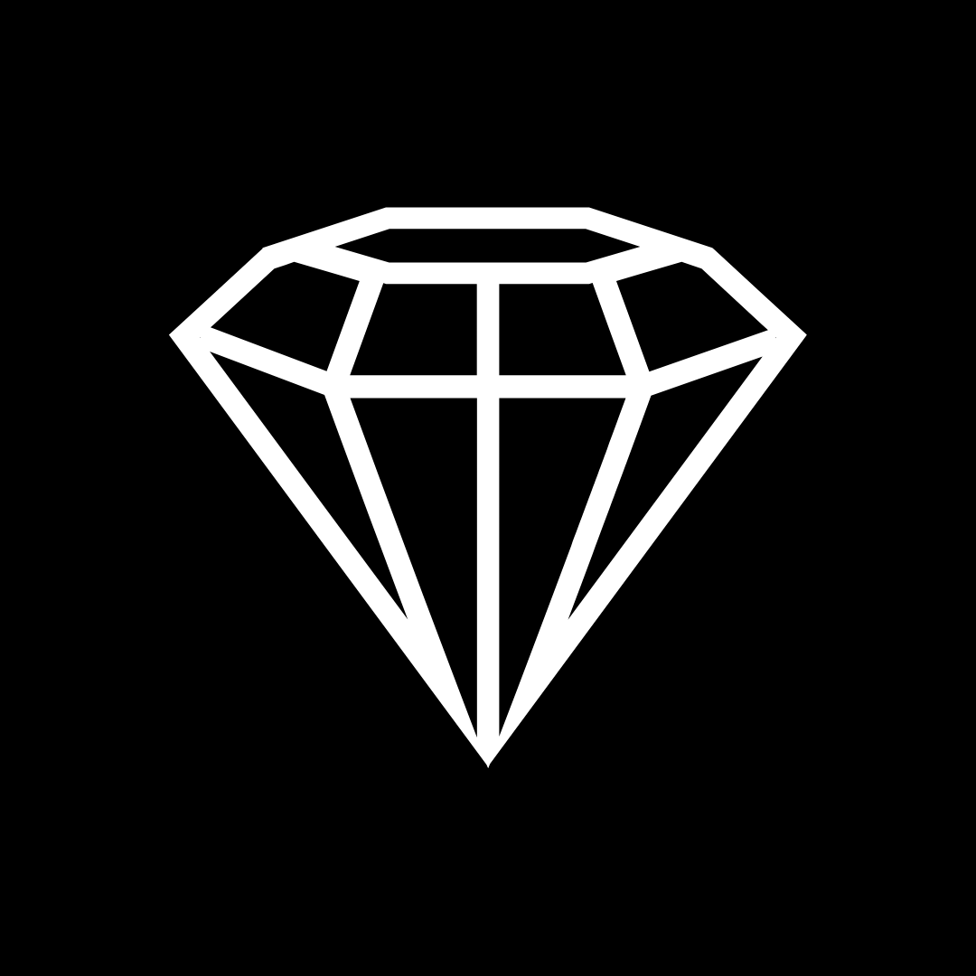 A white outline of a sparkling diamond on a black background.