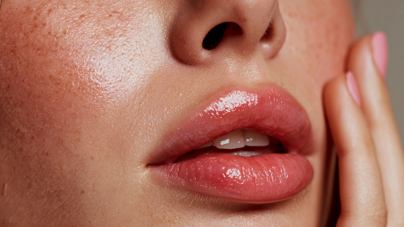 Close-up of a woman's face highlighting her lips, nose, and part of her cheek and hand, with shiny makeup on her lips and a smooth complexion.