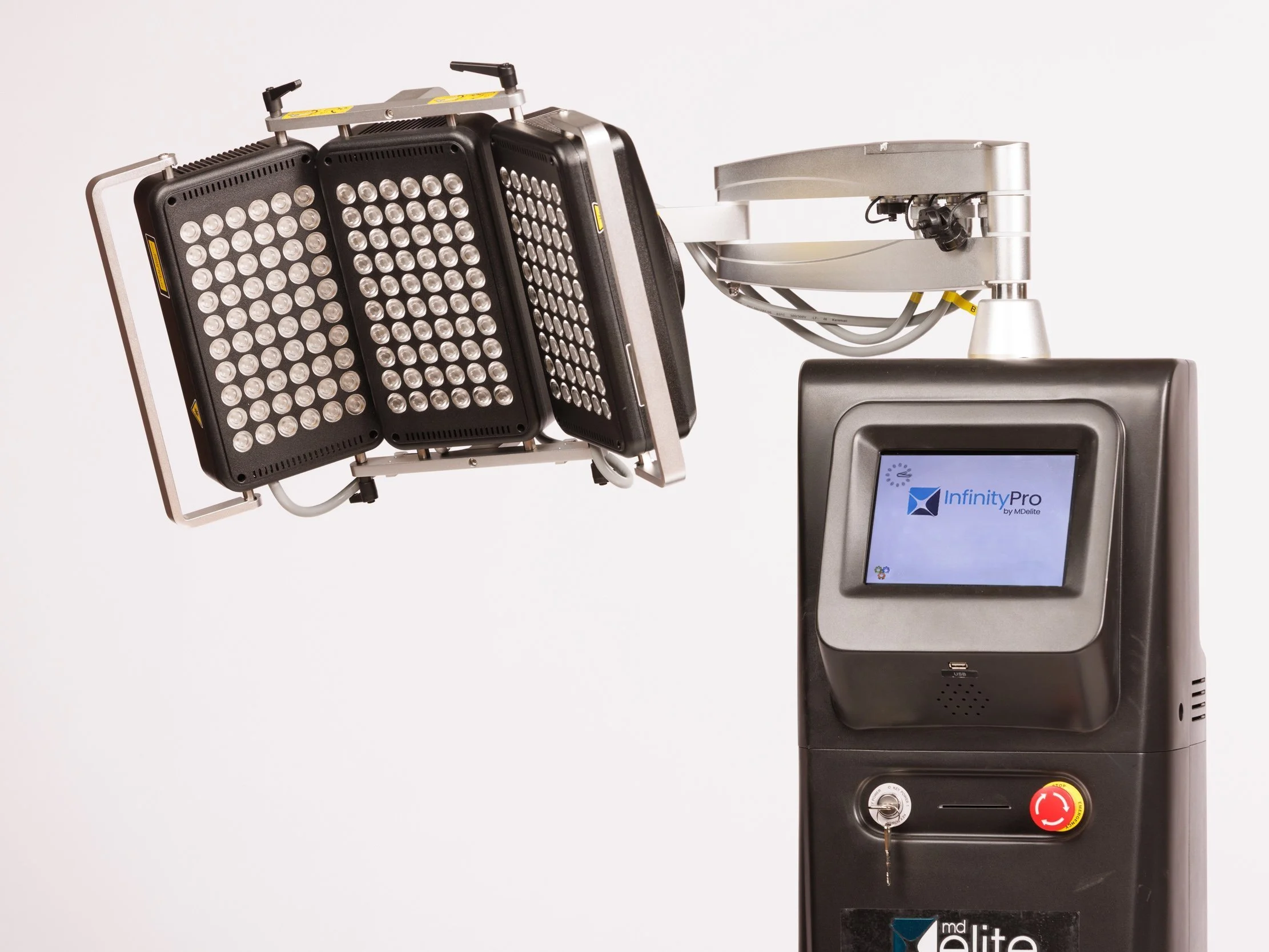 Dental laser device with a digital screen and light-emitting diode attachments.