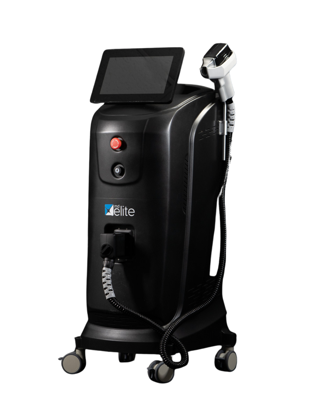 TrilogyPro Laser hair removal device by MDelite with a touchscreen display, buttons, and a handheld attached on a wheeled stand.