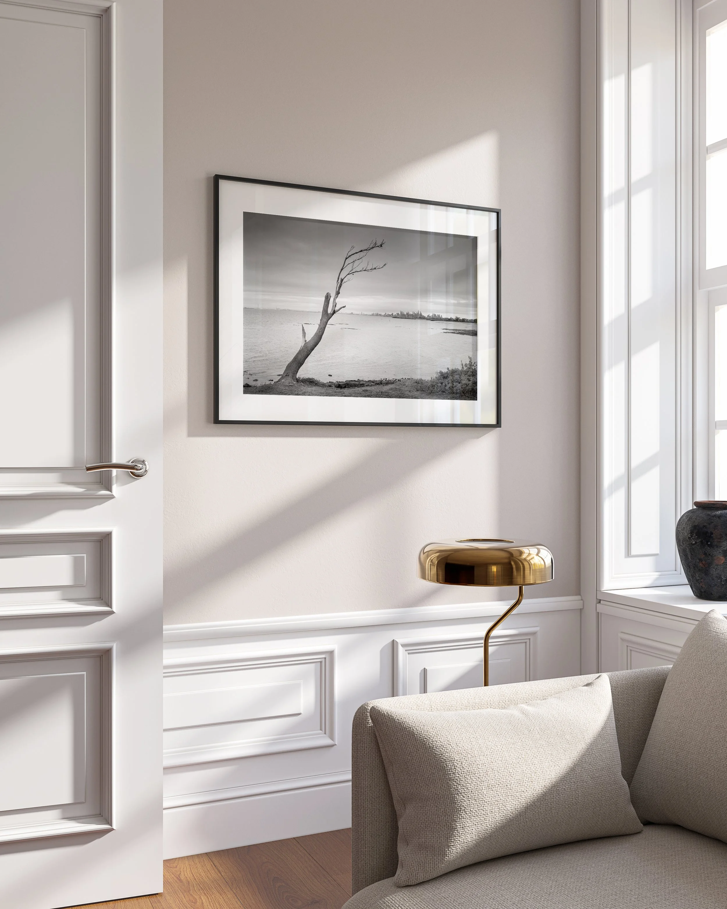 Limited edition black and white seascape print of Brighton Beach, Melbourne. Lonely tree at sunrise with skyline. Fine art giclée on Hahnemühle Photo Rag Pearl.