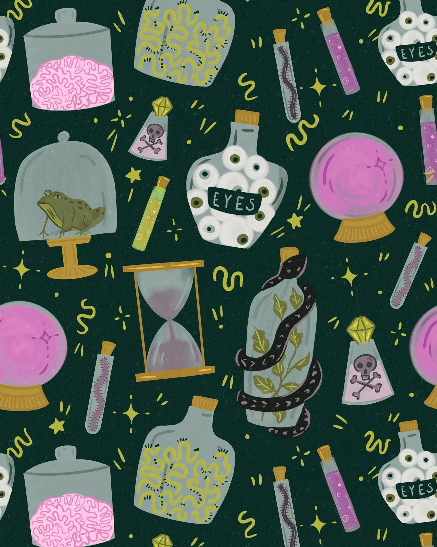 My little collection of creepy things 🧪🐍🔮

Taking a (quick) step away from florals for this spooky season we&rsquo;re in 🤩 This pattern is available as fabric on my Spoonflower! Link in bio ✨

#surfacepatterndesign #halloweenpattern #halloweenill