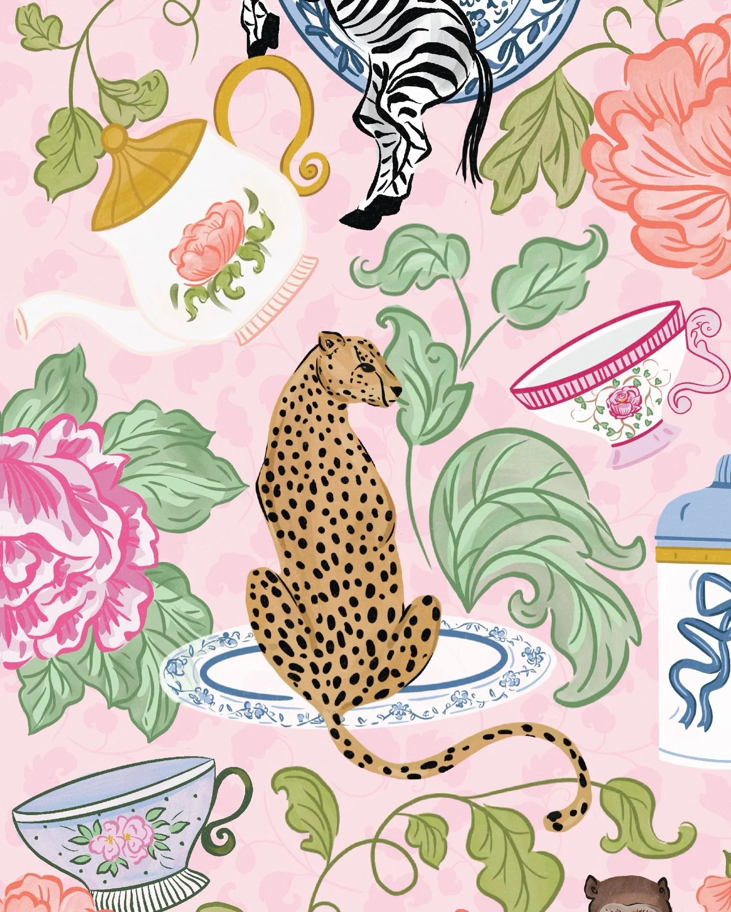 A close up on the jungle tea party of my dreams&hellip;in pink ✨🐆

#junglepattern #teapartytheme #patterndesign #artforlicensing #uniquepatterns