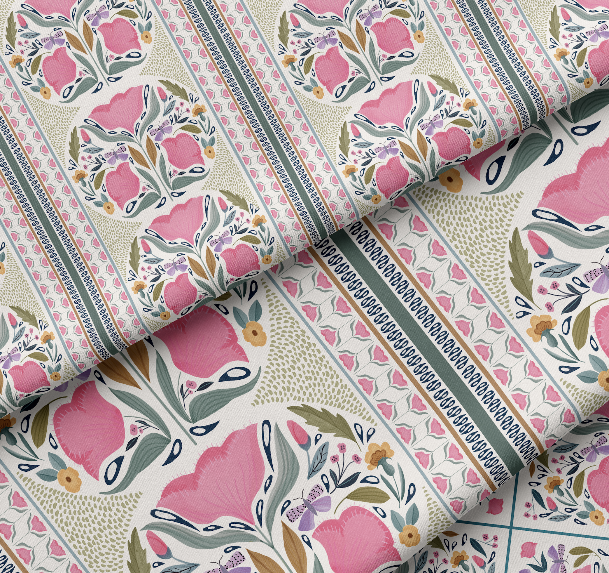 Decorative ceramic tile with a floral pattern featuring pink tulips, small yellow flowers, green leaves, and delicate geometric borders in pink, blue, and cream colors.