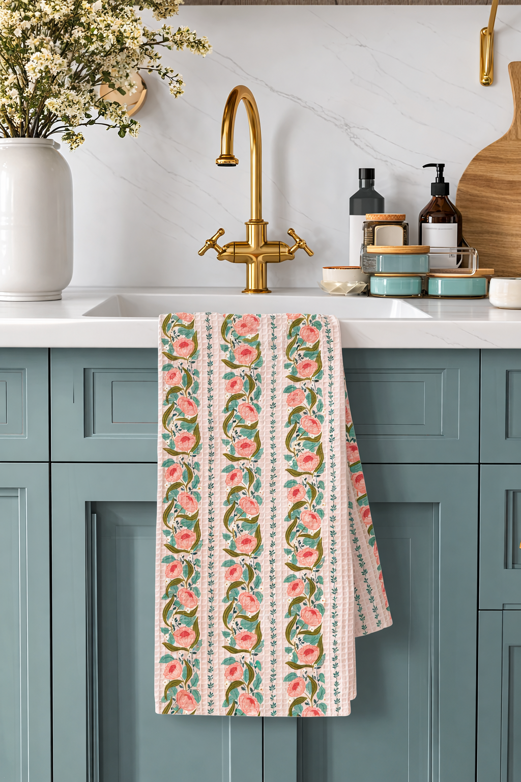Pink Flora Striped Waffle Dish Towel