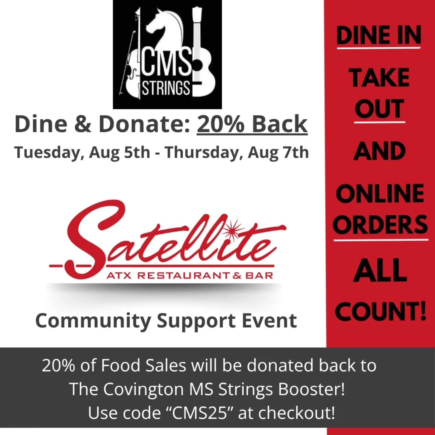 How is summer almost over already?! That's ok because we are super excited to welcome everyone to another great year of guitar and orchestra. Our friends at Satellite Restaurant are helping make sure we start the year strong by hosting community supp