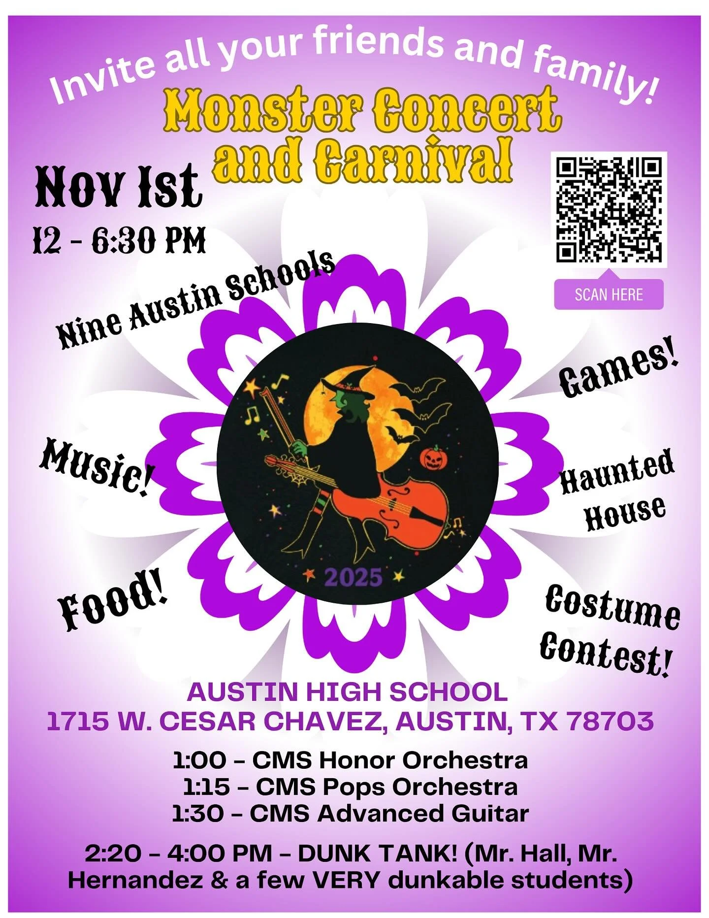 Do t miss tomorrow’s Monster Concert! There will be student performances, games, food, treats, a costume contest AND a haunted house. It’s the perfect way to make Halloween last a little longer while supporting your favorite student music
