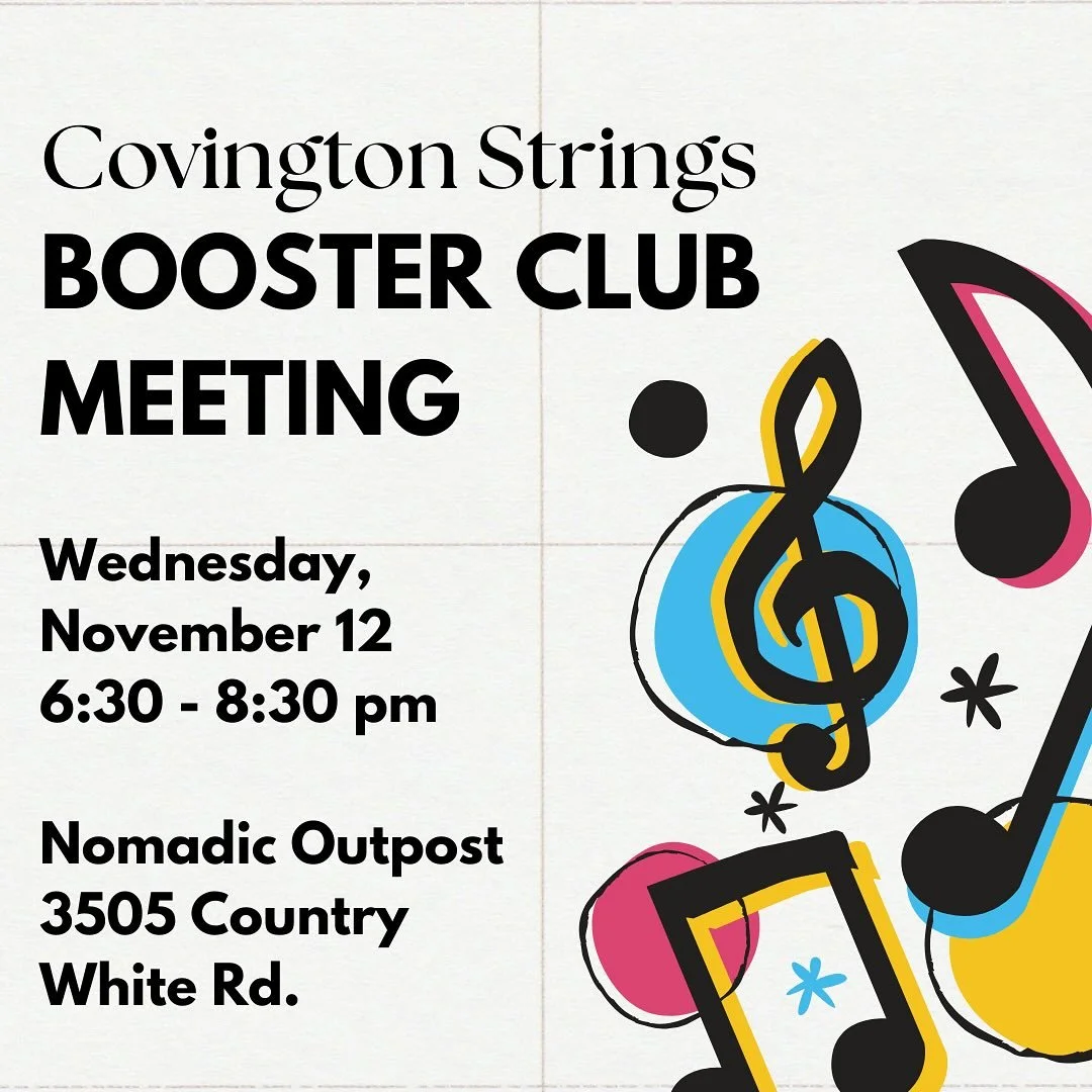 Join us this Wednesday at @nomadic_outpost for our monthly Booster Club meeting. This is a great chance to get to know your fellow strings parents AND find out how you can. Help support our Covington Strings kids. 

See you there!