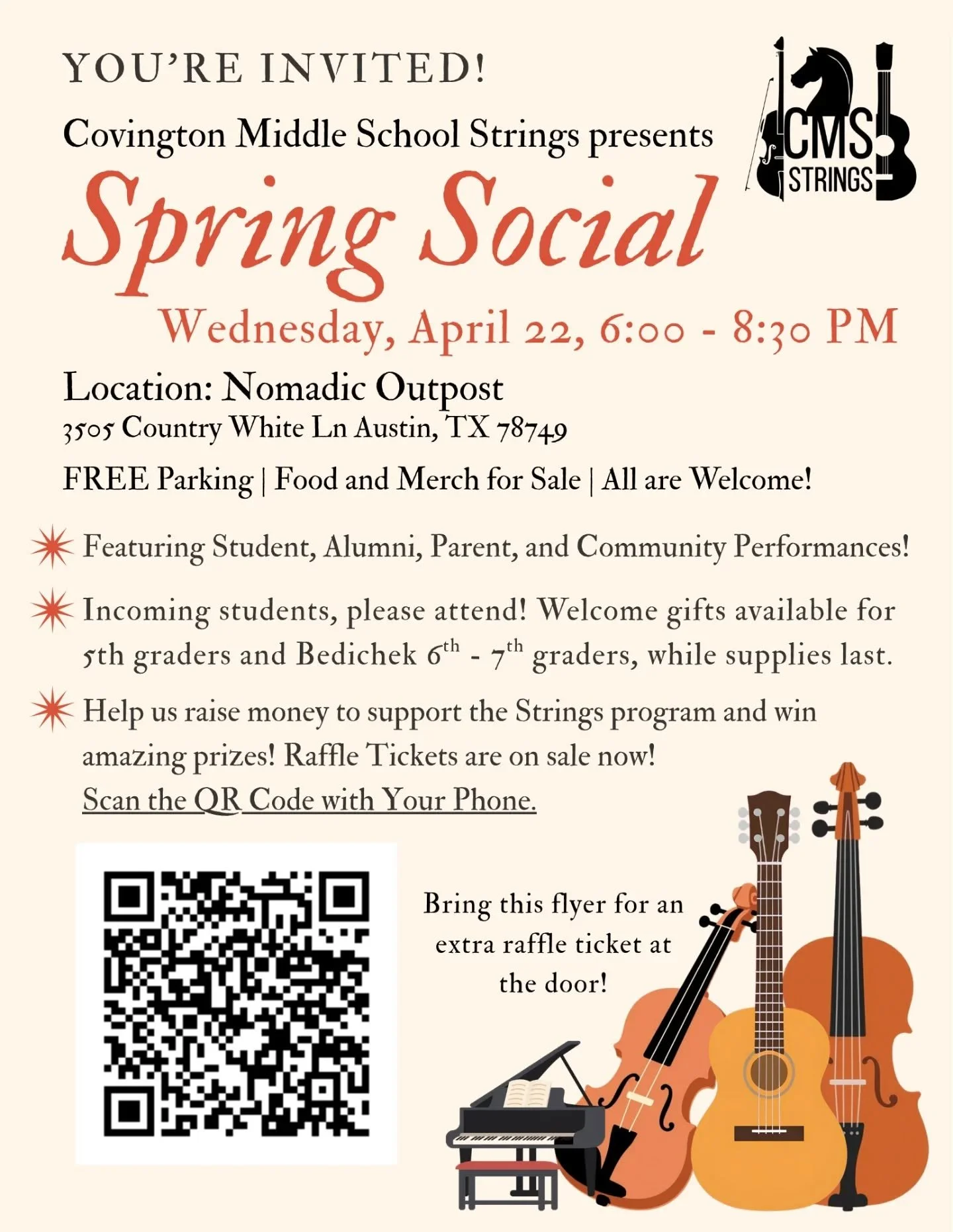 Join us for our annual spring social at Nomadic Outpost on Wednesday, April 22nd, from 6-8:30. This community event features music performances, food and drink available for purchase, and a chance to hang out and socialize with other orchestra and gu