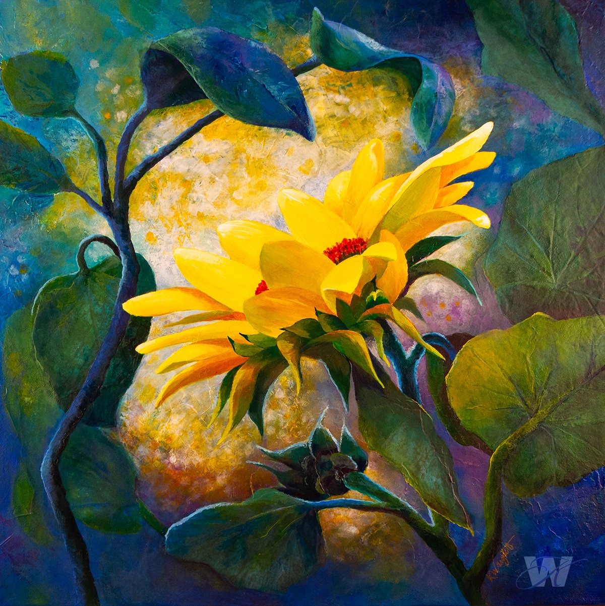 Mine is the Sunlight, 20x20", Acrylic with Mixed Media on Gallery Wrap canvas ... $600.  This painting captures a moment in the early morning sunlight, when a new sunflower in the early stages of growth, is seen reaching through the tangle of other s