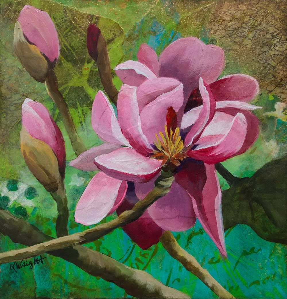 Magnolia's Joyful Blossom, 8x8” acrylic on collage w/molded edges--Original SOLD. PRINTS available, framed canvas gallery wrap, or 8x8" mounted on cradled wood board; contact for pricing. 