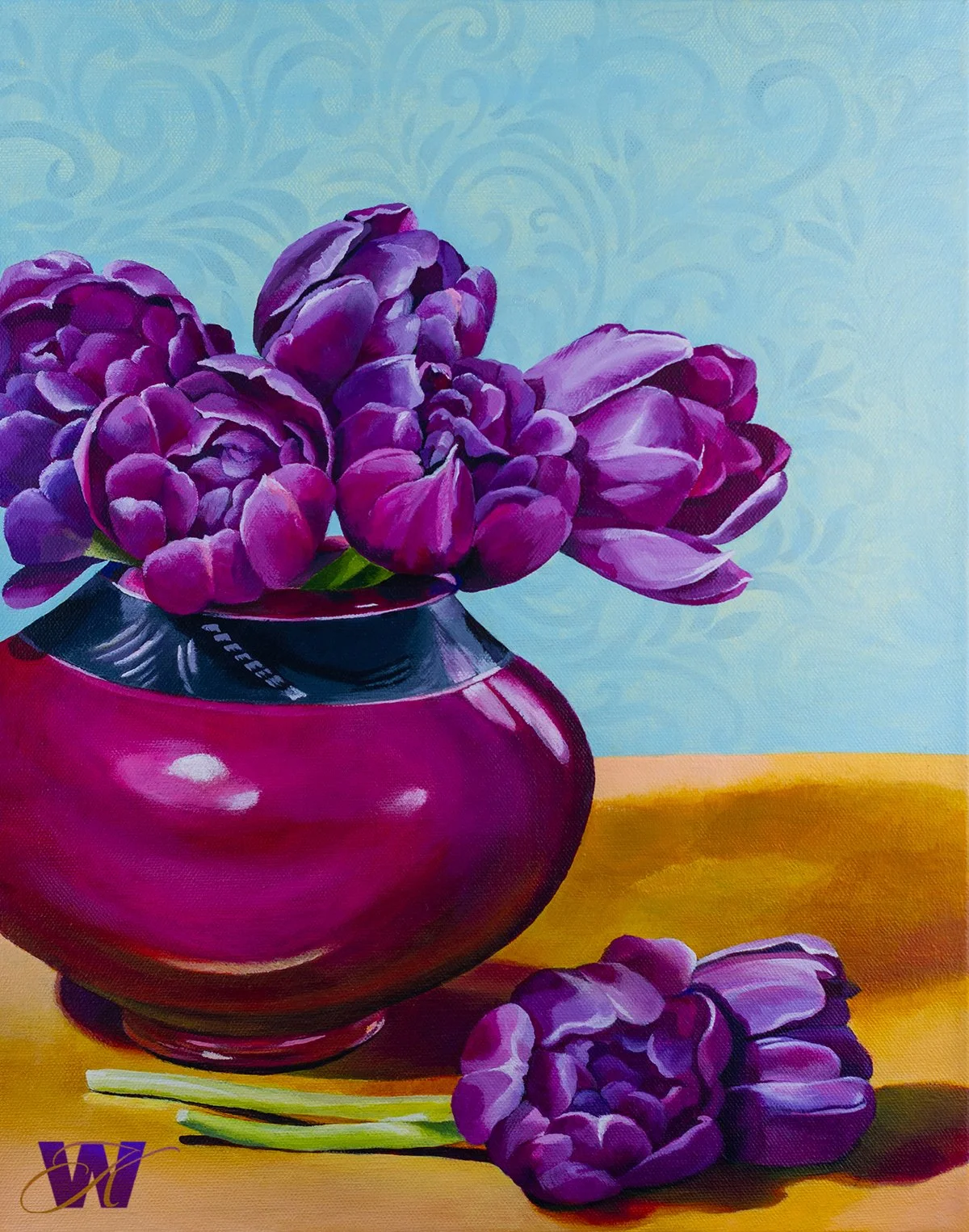Distinctive Style, 14x18" Acrylic on Gallery Wrap Canvas... $475. Purple tulips draping out of an elegant raku pottery vessel. Inspired by the bold color and distinctive style of a treasured pottery vessel, which holds great sentimental value. Part o