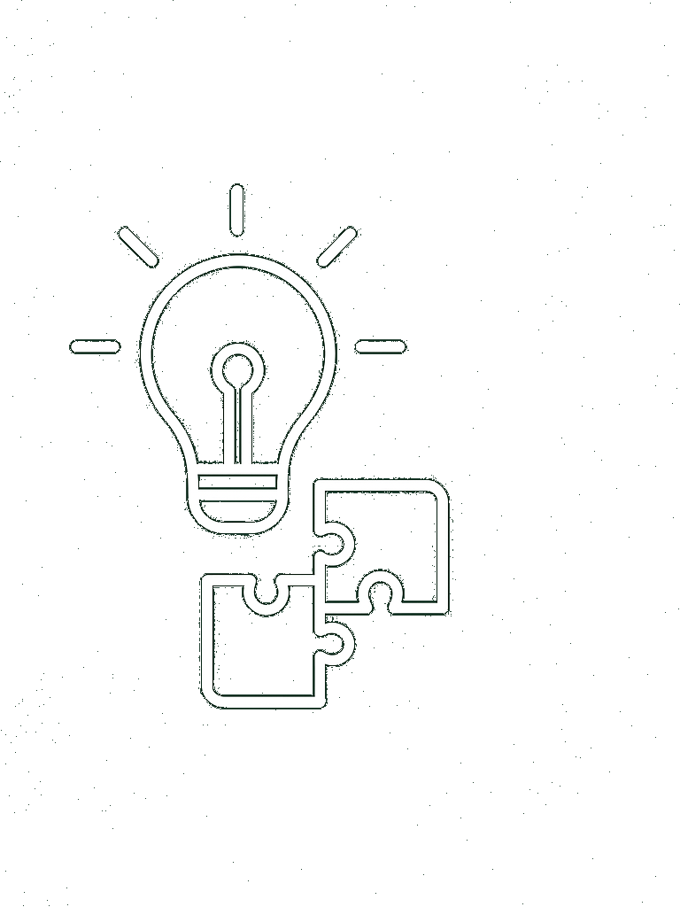 An outline illustration of a light bulb connected to three interlocking puzzle pieces on a black background.