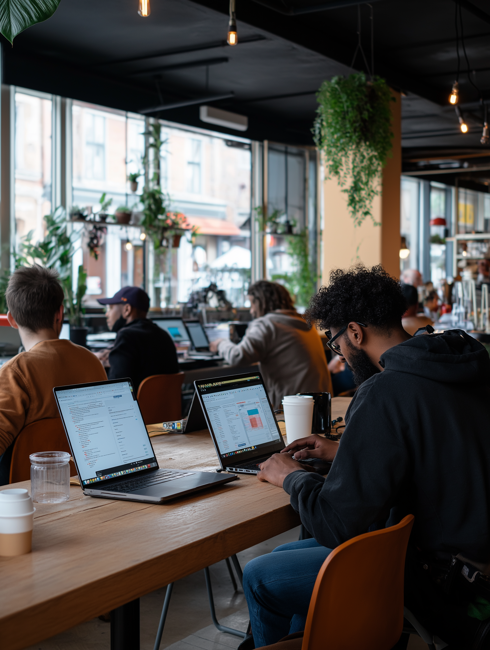 People working on laptops at a coffee shop or coworking space with large windows, hanging plants, and warm lighting.