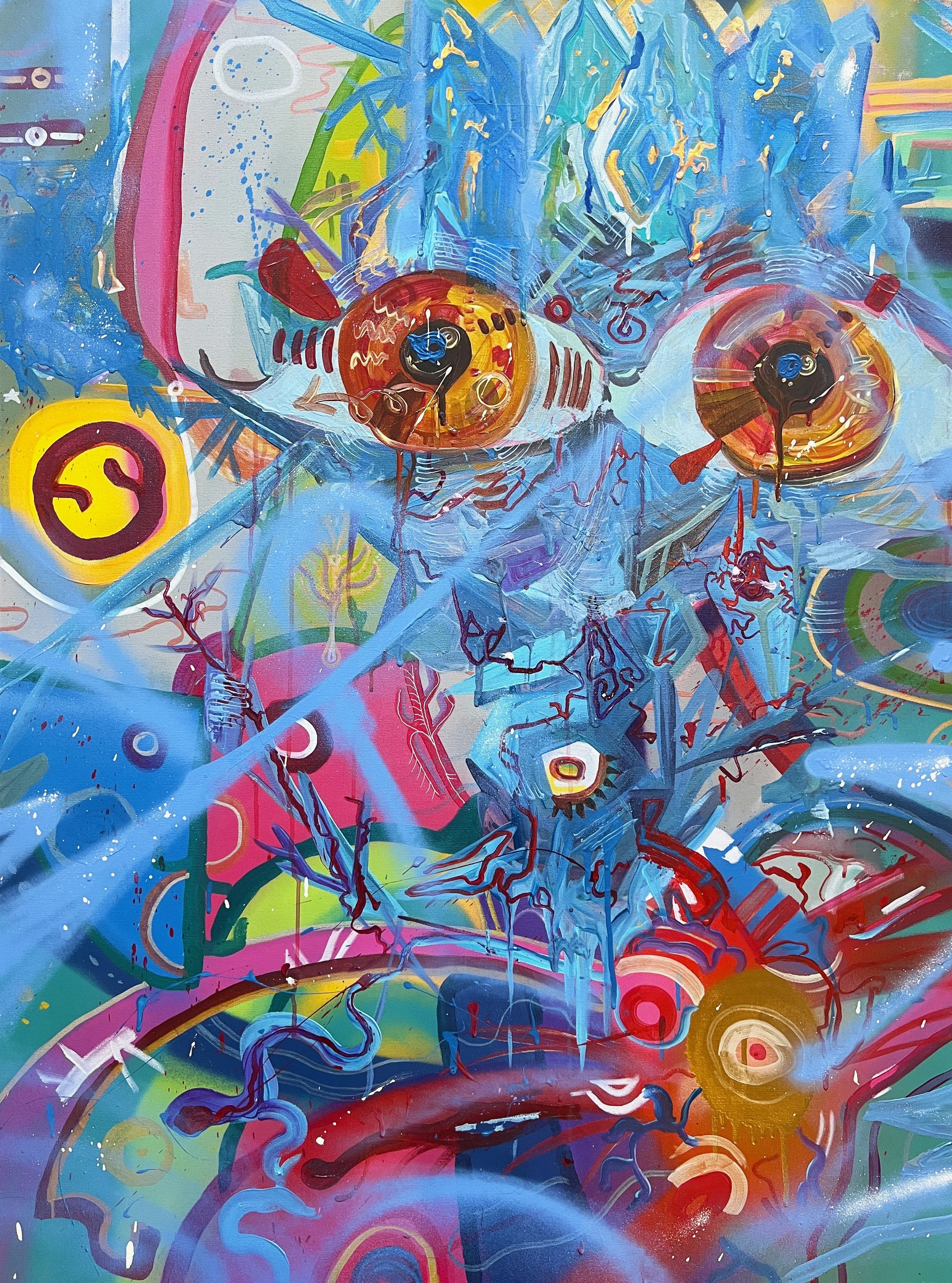 “Want It Back / Memento Mori” (2022) Acrylic, and Spray Paint on Canvas, 36”x48”
(91.44cm x 121.92cm)