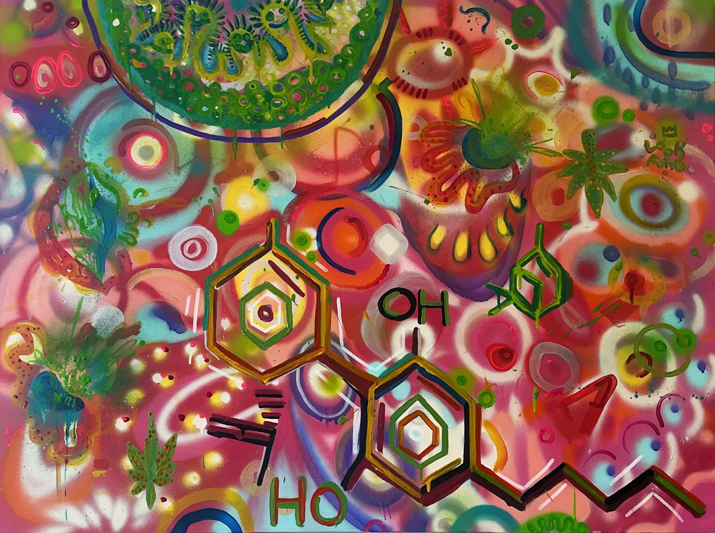 “Cure” (2022) Acrylic, GAC800, and Spray Paint on stretched Canvas, 48”x36” (121.92cm x
91.44cm)