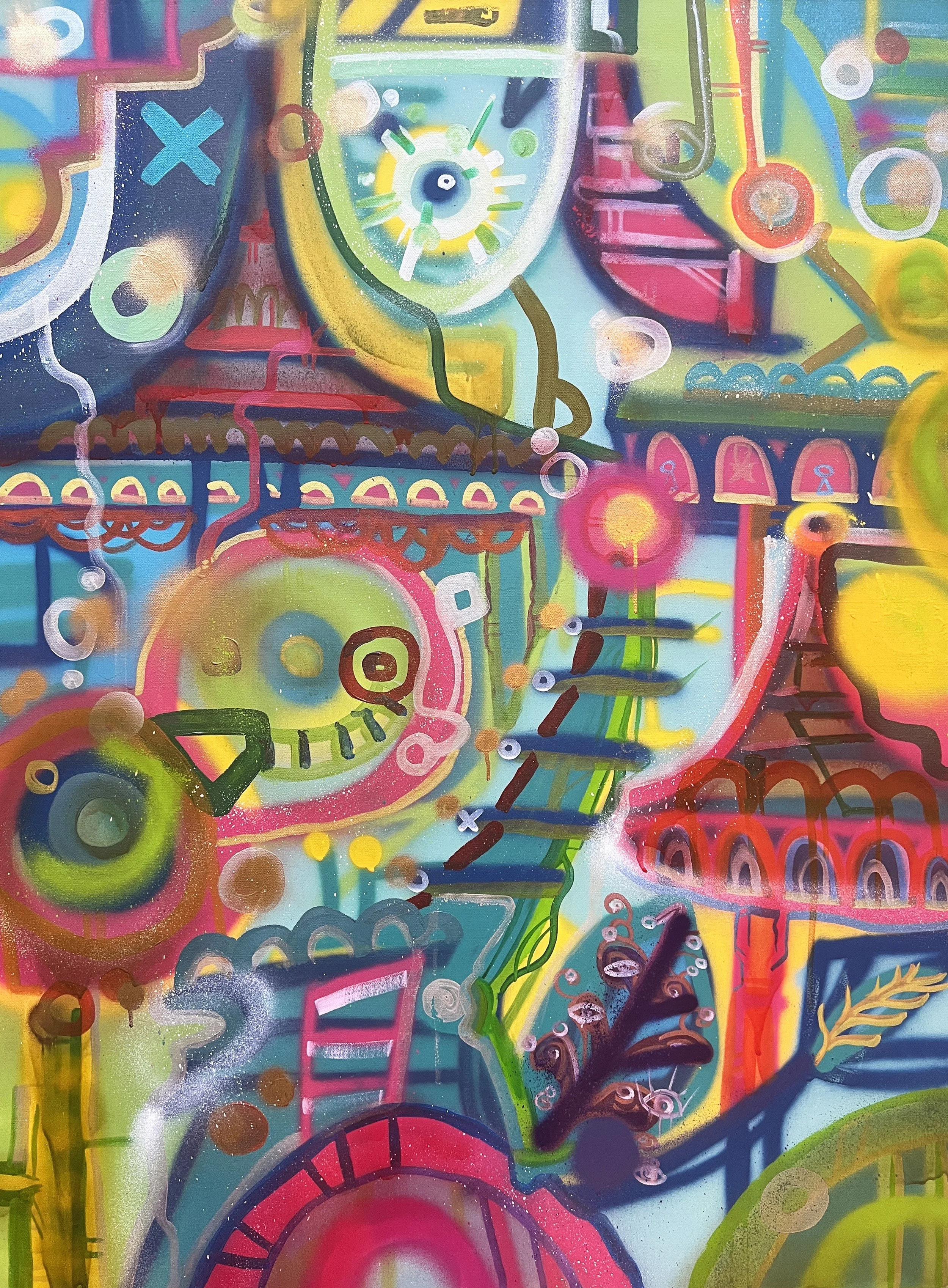 “Village” (2022) Acrylic, and Spray Paint on stretched Canvas, 36”x48” (91.44cm x
121.92cm)