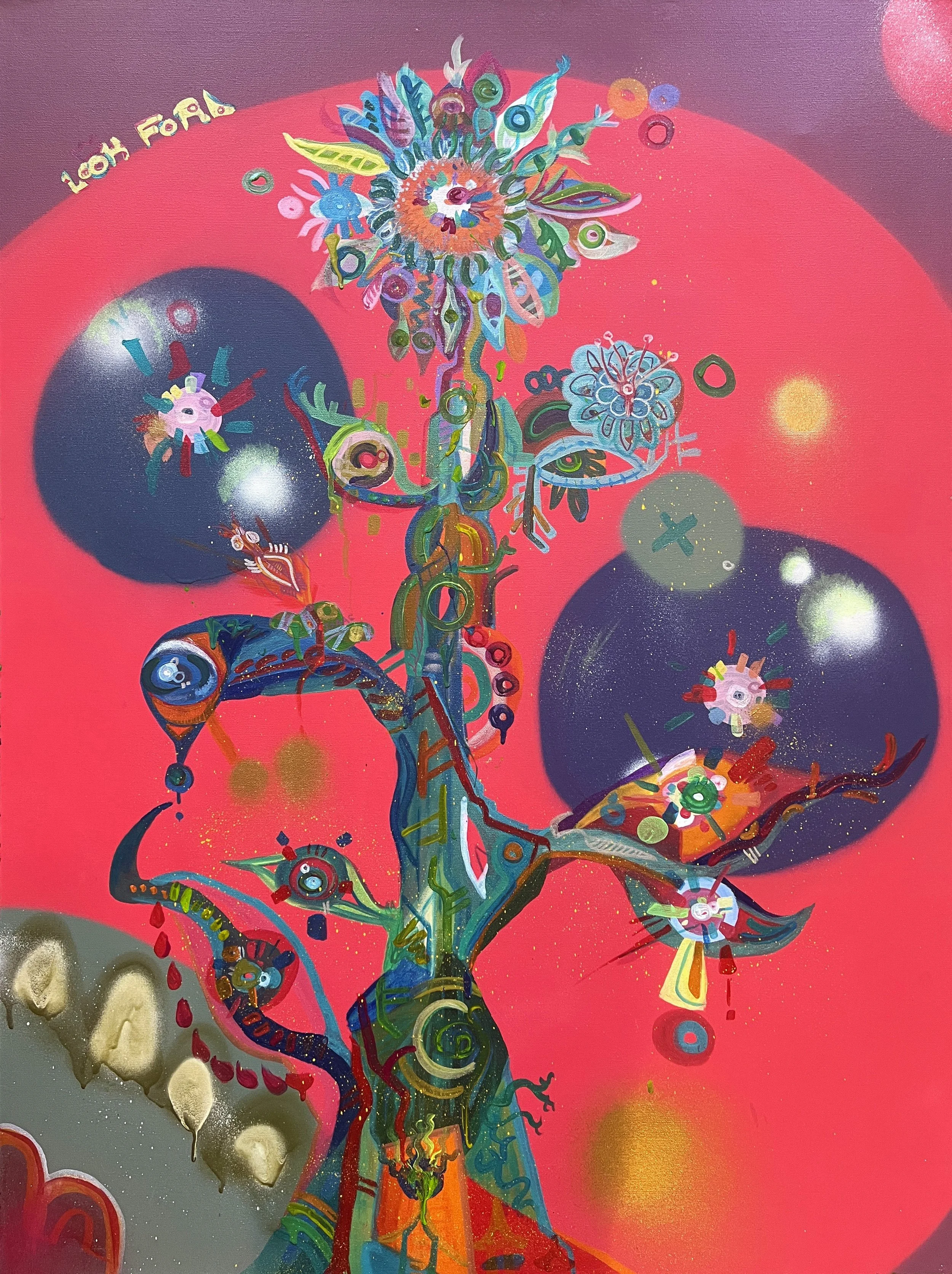 “Unhappy Red” (2022) Acrylic, and Spray Paint on stretched Canvas, 36”x48”
(91.44cm x 121.92cm)
