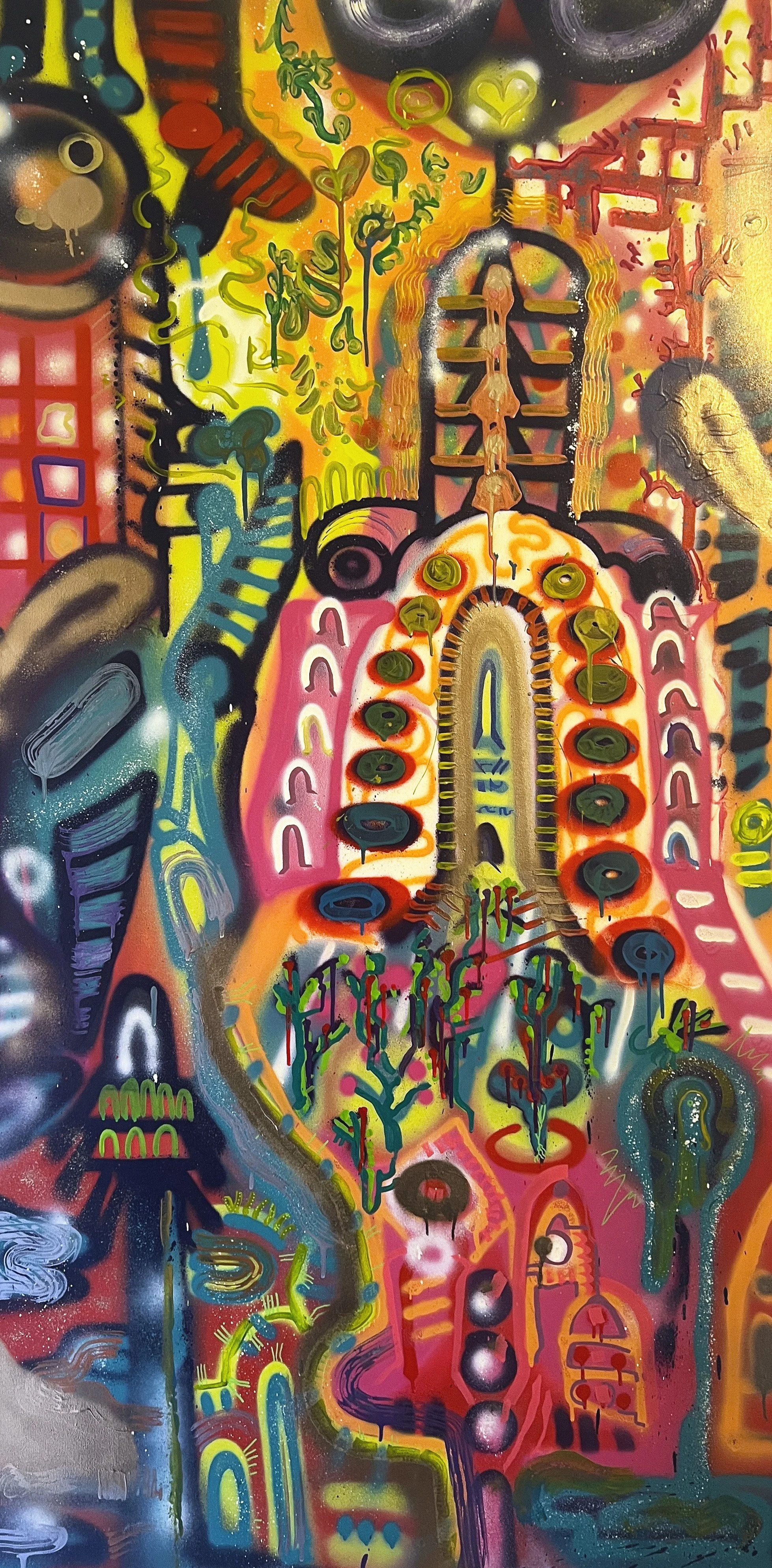 "Space Palace" (2024) Spray paint, Acrylic, GAC800 on canvas, 36"x72" (91.44cm x 182.88cm)