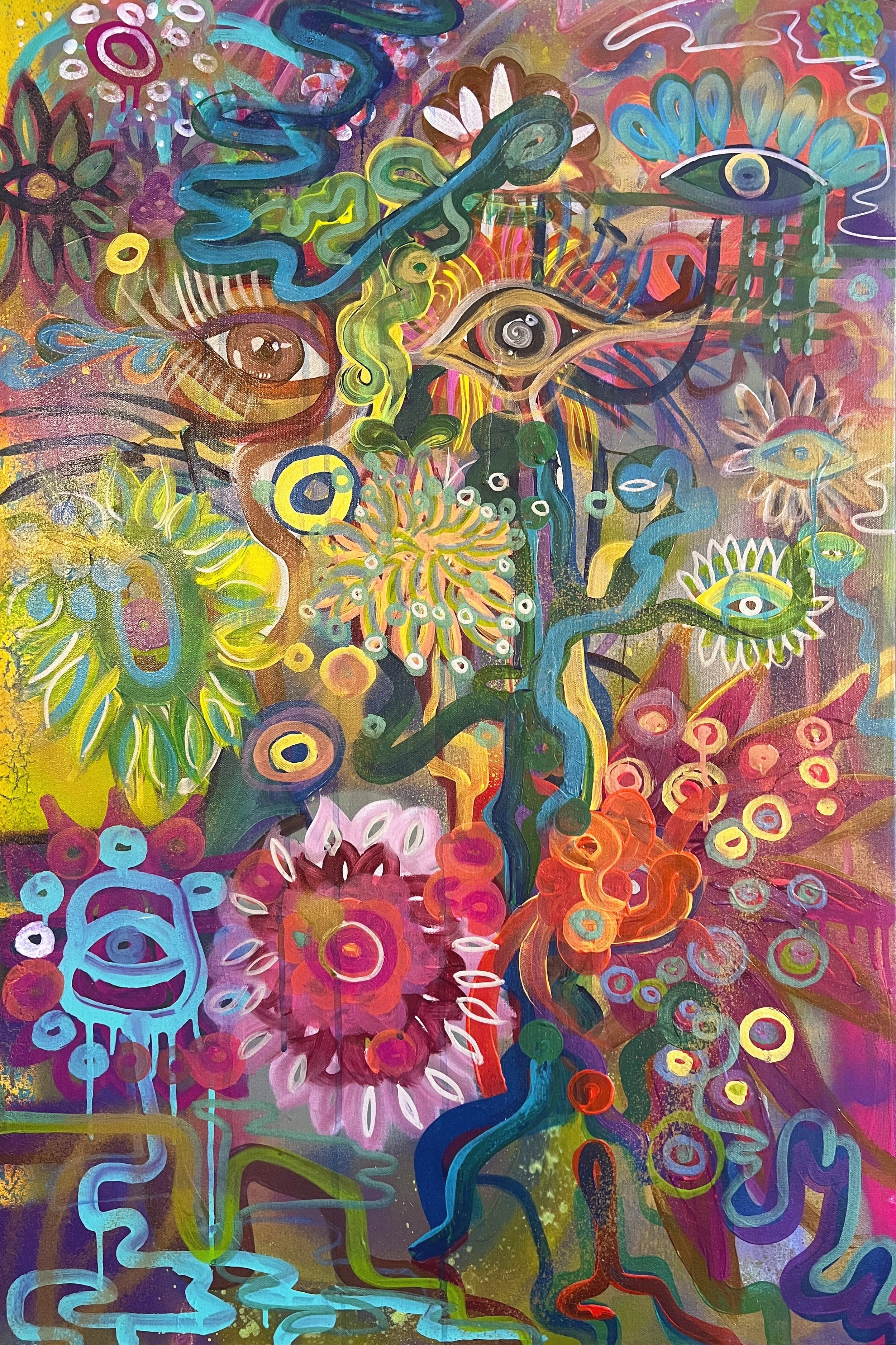 “Transformation” (2023) Acrylic, GAC800, and Spray Paint on stretched Canvas,
24”x36” (60.96cm x 91.44cm)