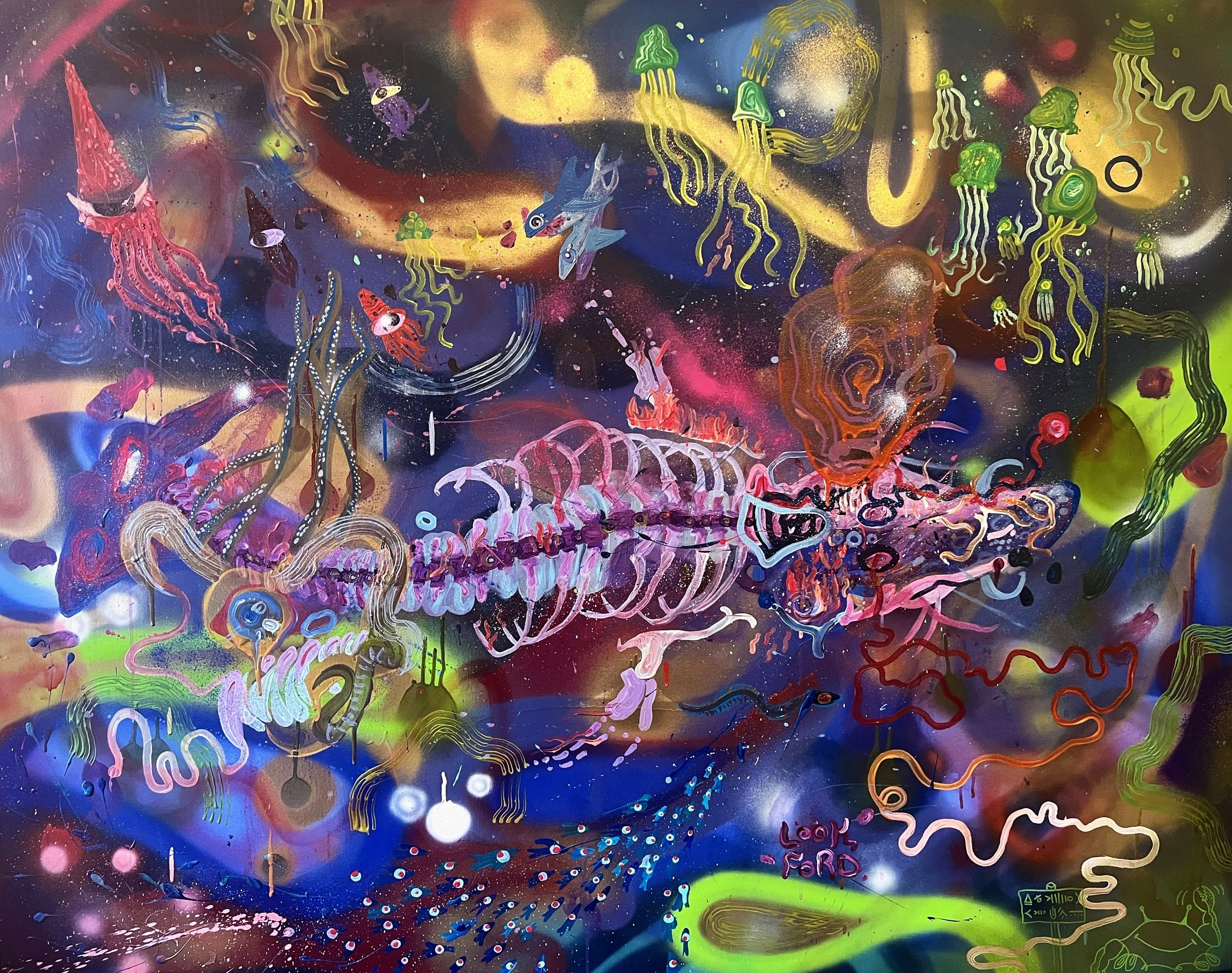 “Adaptive Radiation” (2024) Acrylic, GAC800, and Spray Paint on stretched Canvas,
60”x48” (152.4cm x 121.92cm)