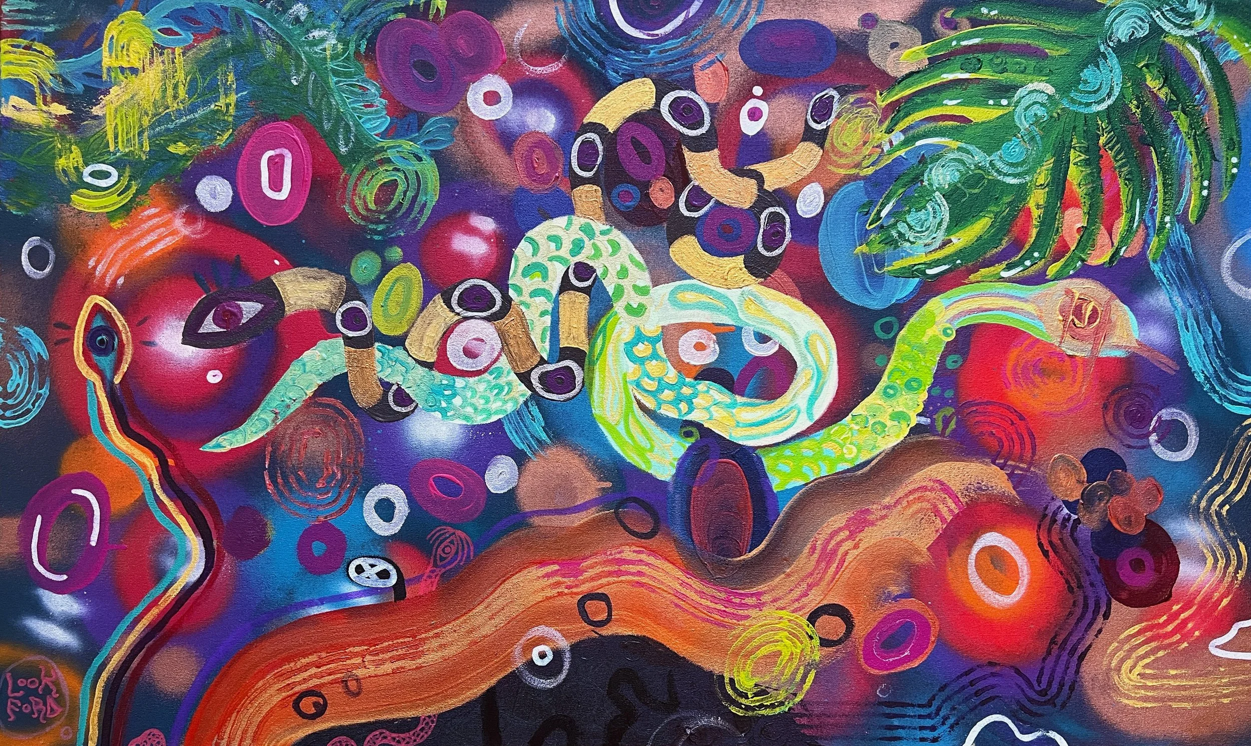 “Clutch” (2023) Acrylic, GAC800, and Spray Paint on stretched canvas, 42”x24”
(106.68cm x 60.96cm)