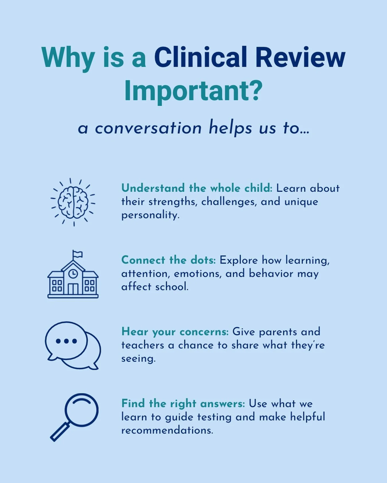 Have you ever wondered why a neuropsychological evaluation starts with a conversation instead of a test? 💬

Because your child is so much more than a test score!

Before testing begins, a clinical interview helps us understand your child&rsquo;s sto
