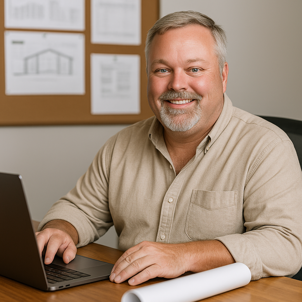 A smiling man sitting at a desk with a laptop in front of him, in an office with a bulletin board and architectural drawings on the wall behind him.