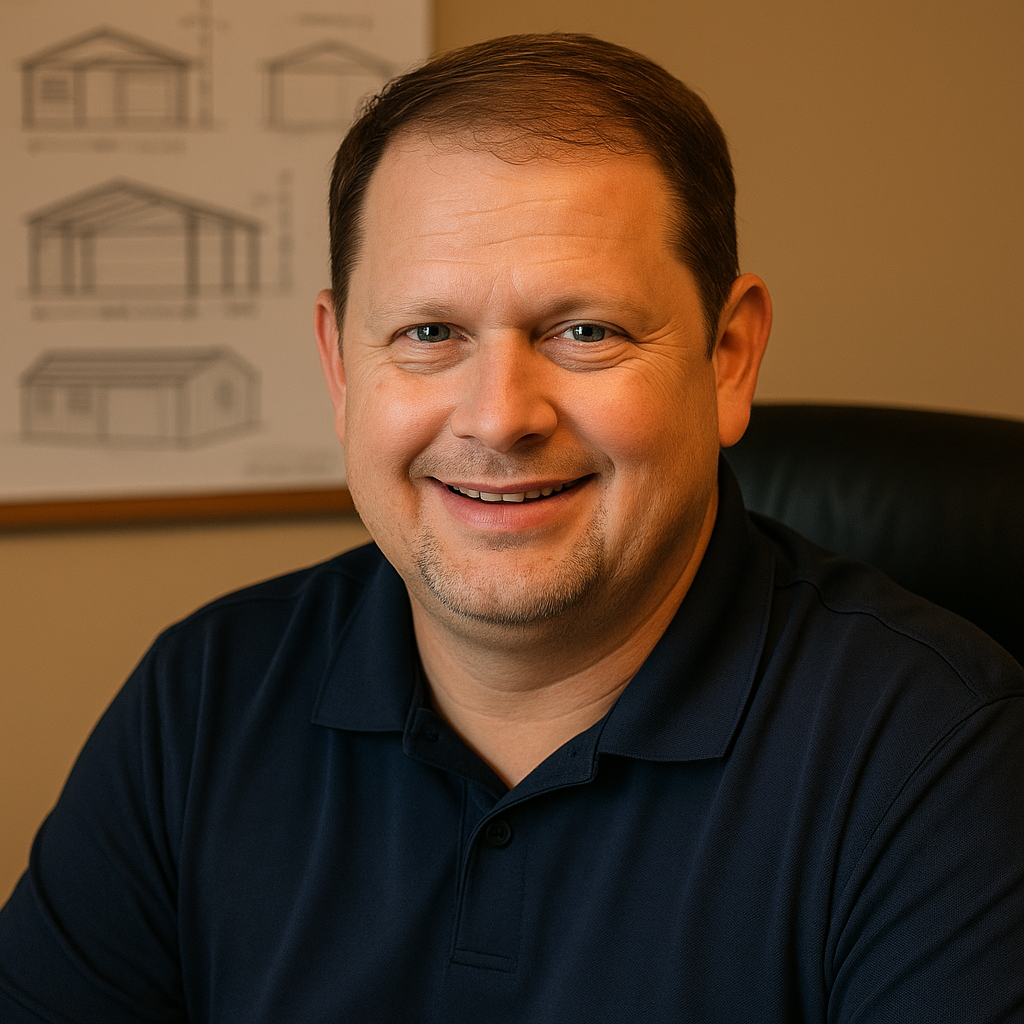 A smiling man with short brown hair, wearing a dark polo shirt, sitting in an office chair. In the background, there are architectural drawings on the wall.