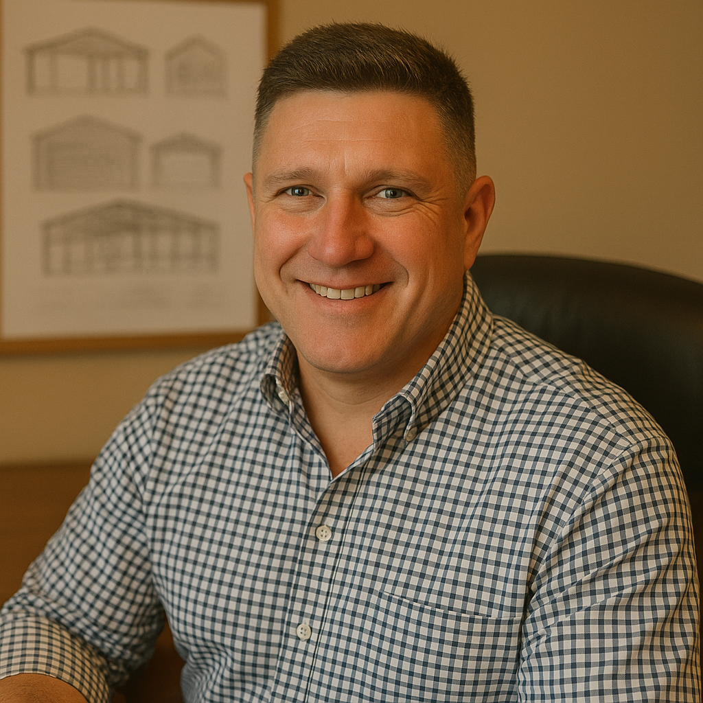 A smiling man with short brown hair, wearing a checkered shirt, sitting in an office chair, with architectural drawings on a board behind him.