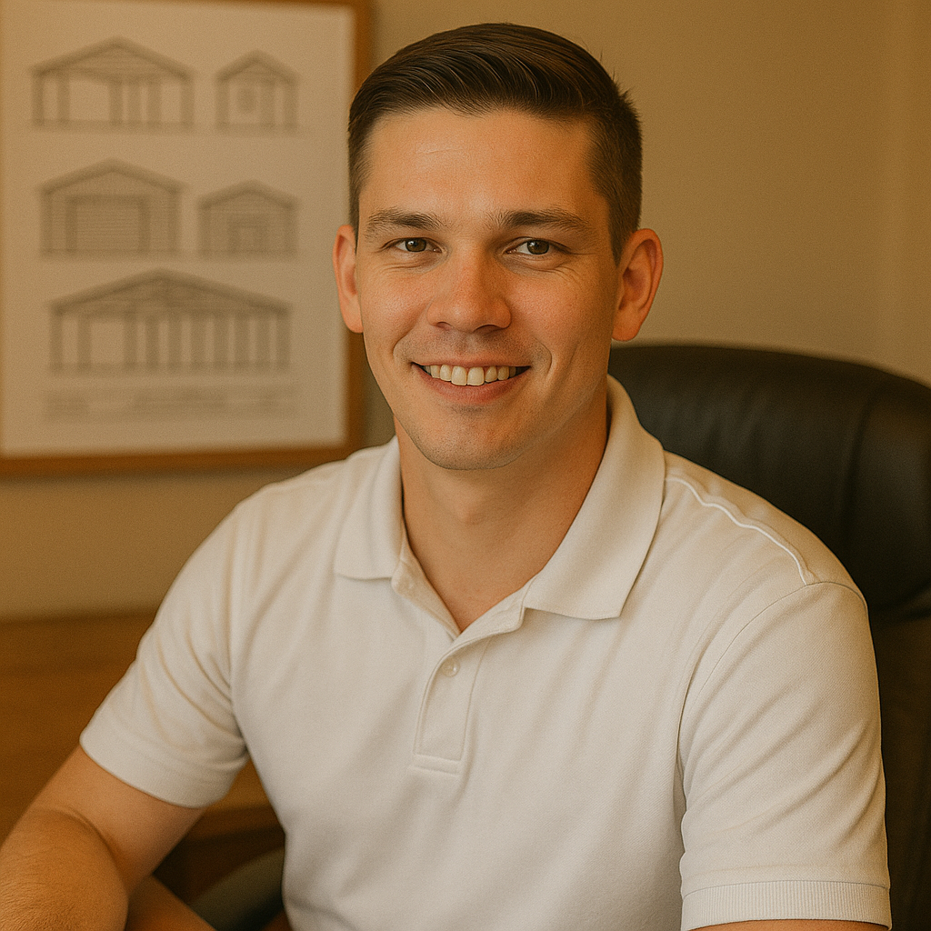 A young man with short dark hair, smiling, sitting at a desk in an office. He is wearing a white polo shirt. In the background, there is a framed architectural drawing on the wall.