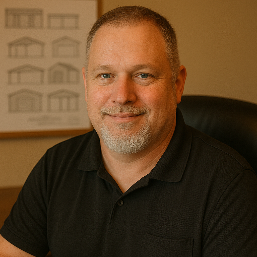 A middle-aged man with short gray hair, a beard, and blue eyes, smiling, in a black polo shirt, sitting in an office with a framed drawing in the background.