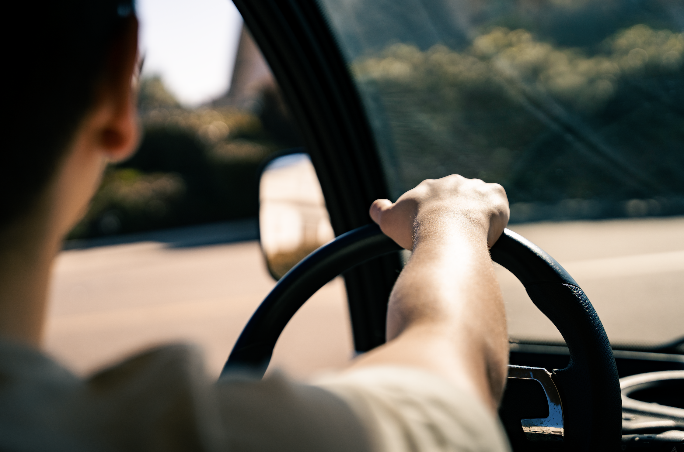A person driving a vehicle during daytime with their hand on the steering wheel, view from behind the left shoulder, with scenic trees and blue sky visible through the windshield.