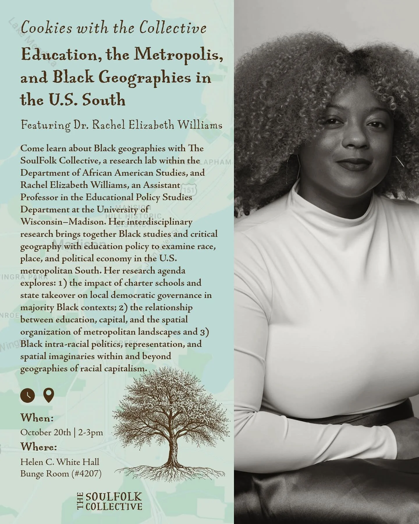 Meet research fellows of The SoulFolk Collective, inquire after our research, and share a treat with our community during Cookies with the Collective. 
We’ll be joined by Dr. Rachel Elizabeth Williams, an Assistant Professor in the Educational