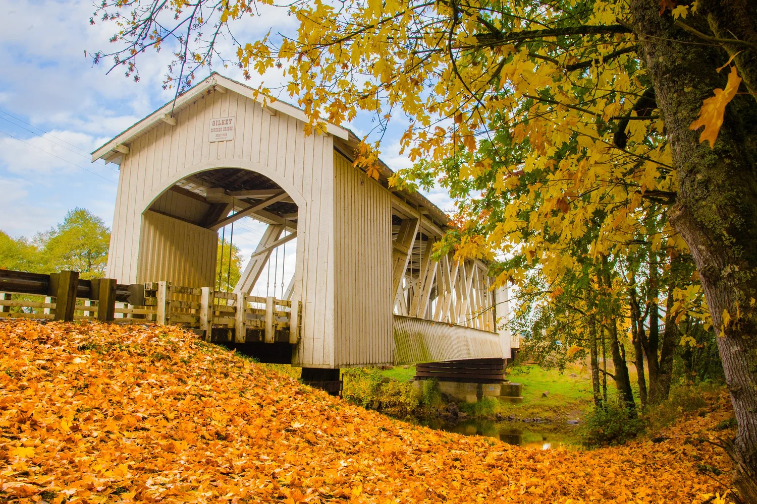 Fallen autumn leaves beside a covered bridge