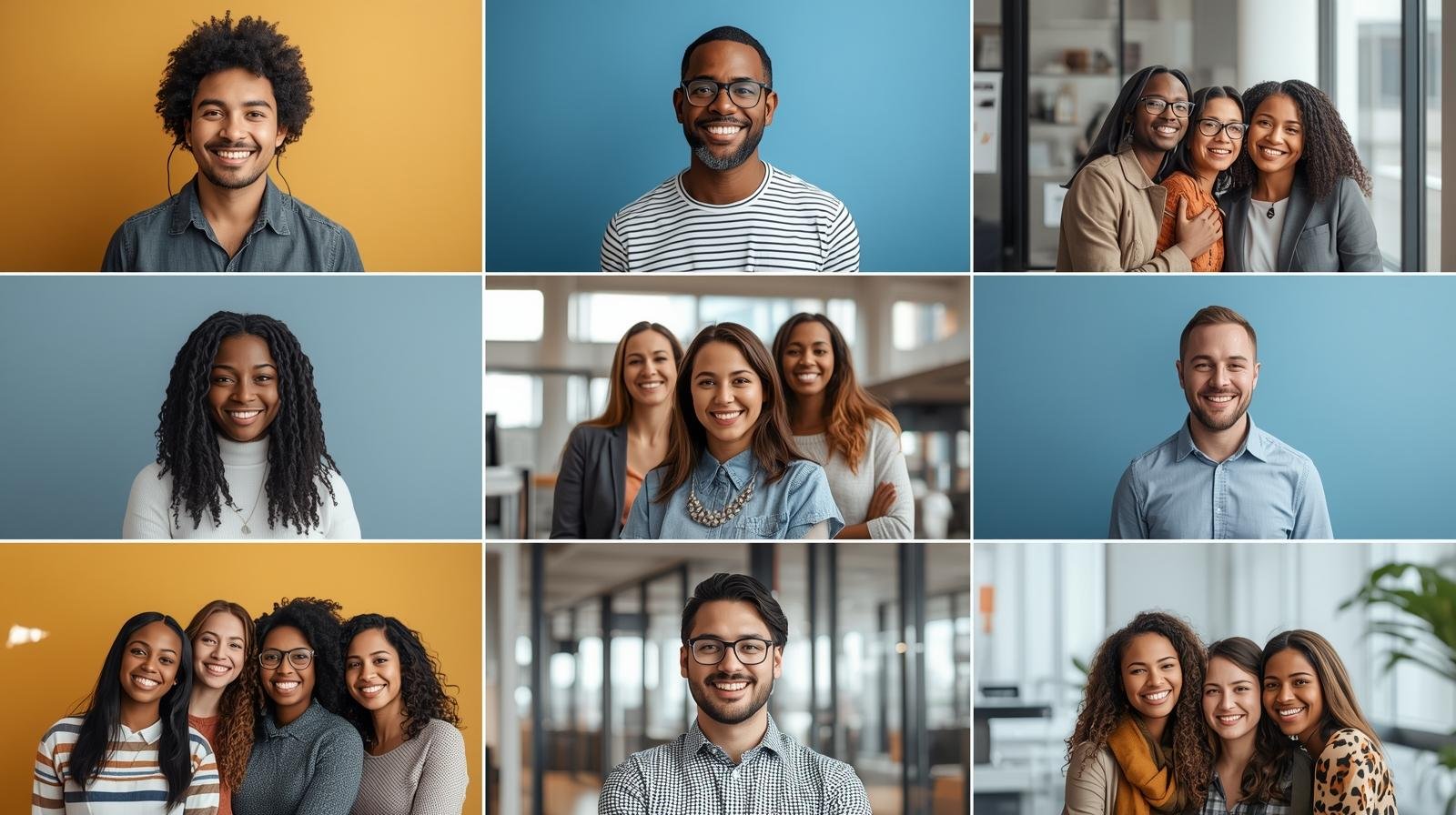 Collage of nine diverse professional individuals and groups, smiling, in various indoor settings.