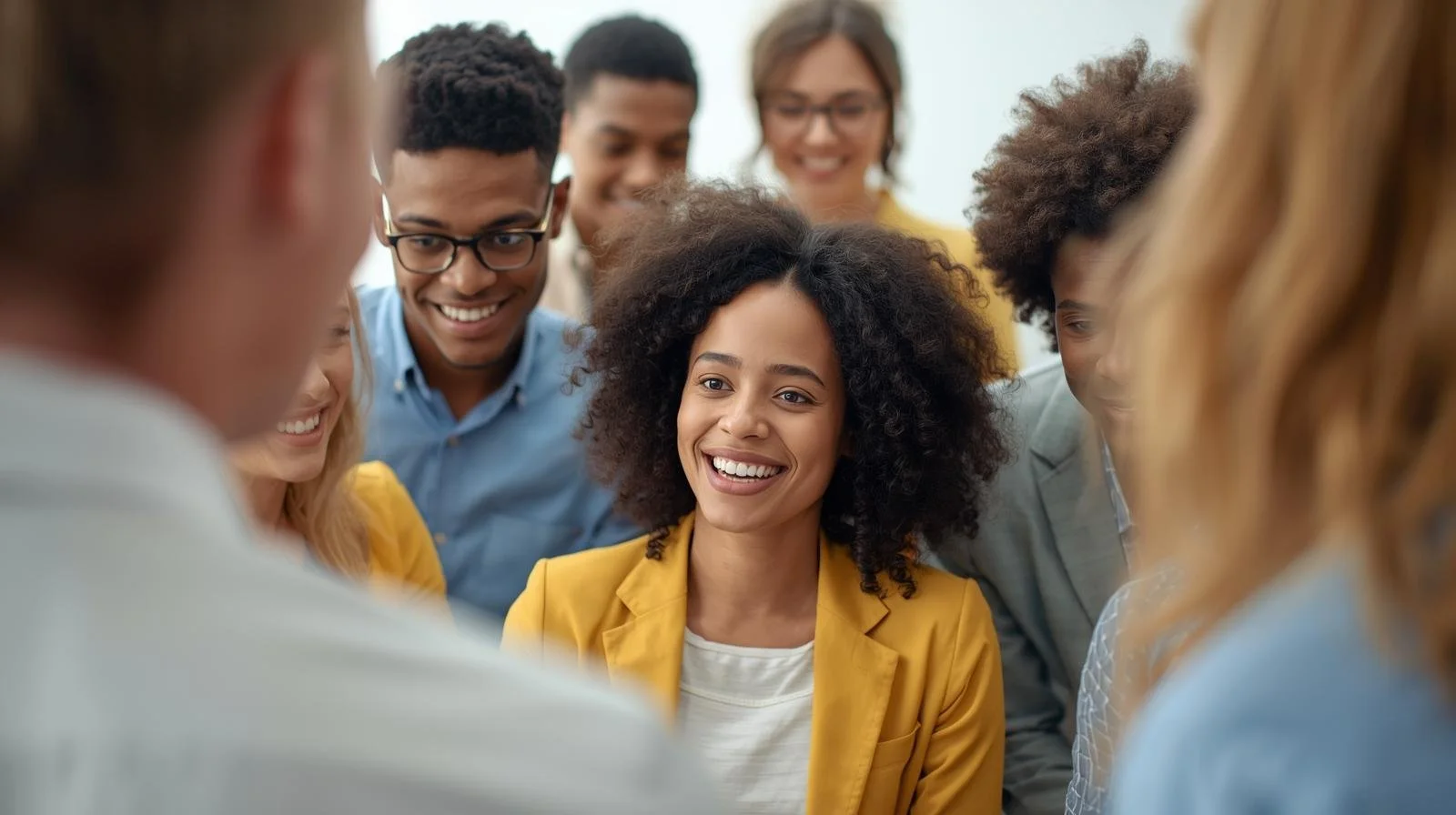 A diverse group of eight young adults gathered together, smiling and engaging in a discussion or conversation.