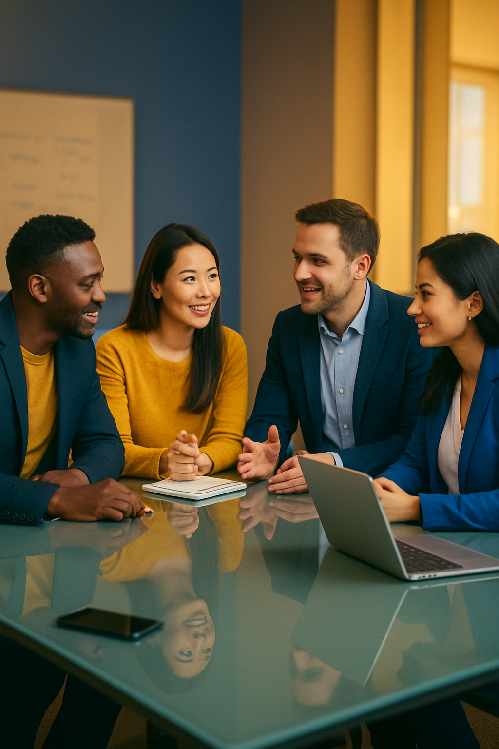 Four diverse professionals having a friendly discussion in a meeting room, with a laptop, smartphone, and notepad on the table.