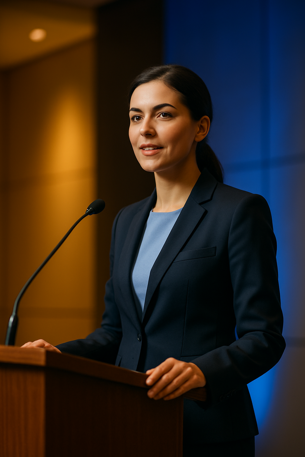A woman in a navy blue blazer and light blue top stands behind a wooden podium, speaking into a microphone at a formal event.