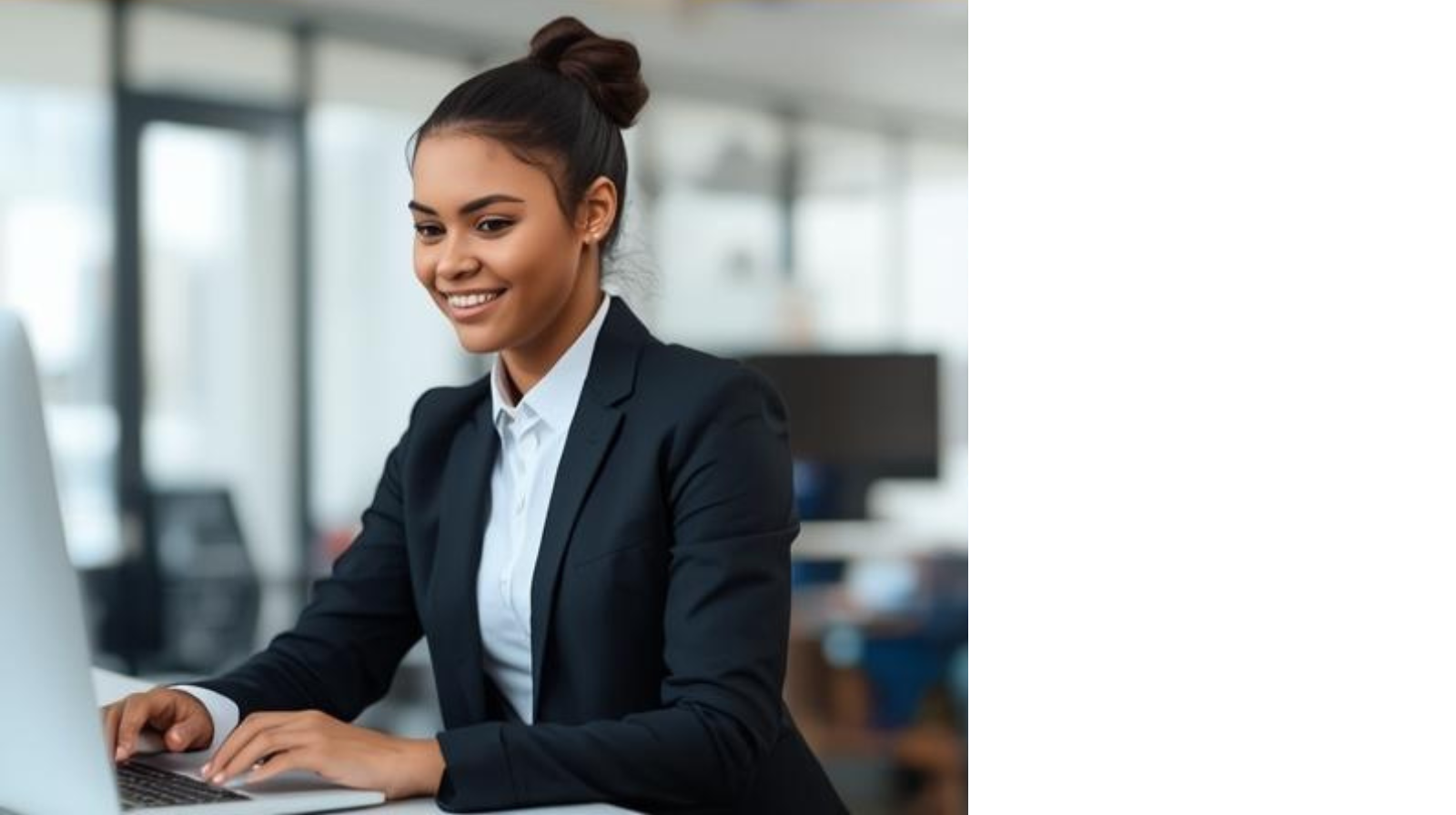 A young woman in formal business attire working on a desktop computer in an office setting, smiling.