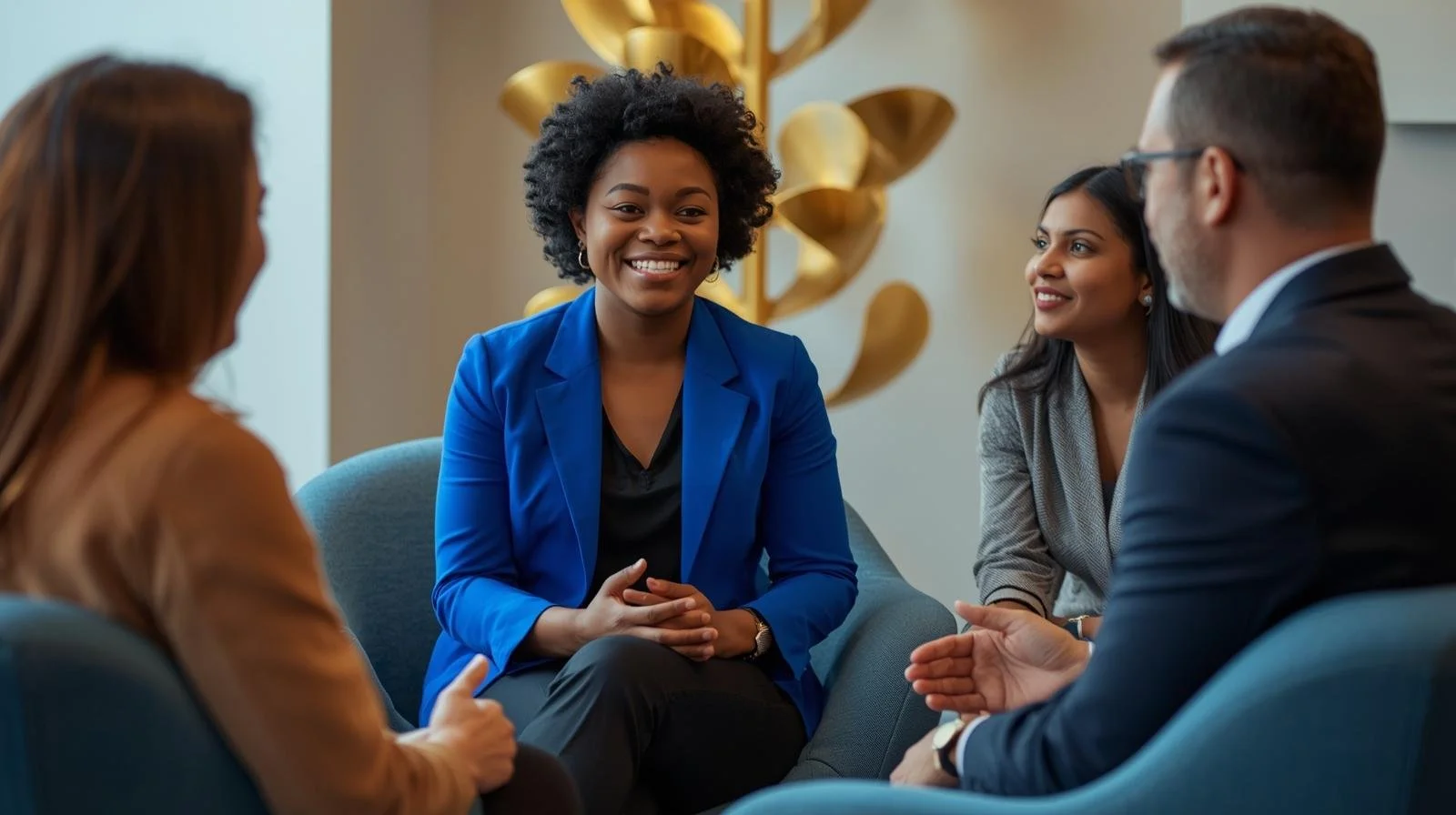 Four diverse adults having a friendly discussion in a modern office space.
