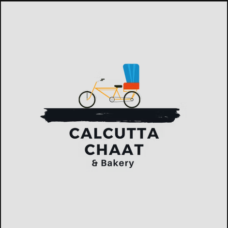 Logo of Calcutta Chaat & Bakery featuring a bicycle with a basket of snacks and drinks, with the business name underneath.