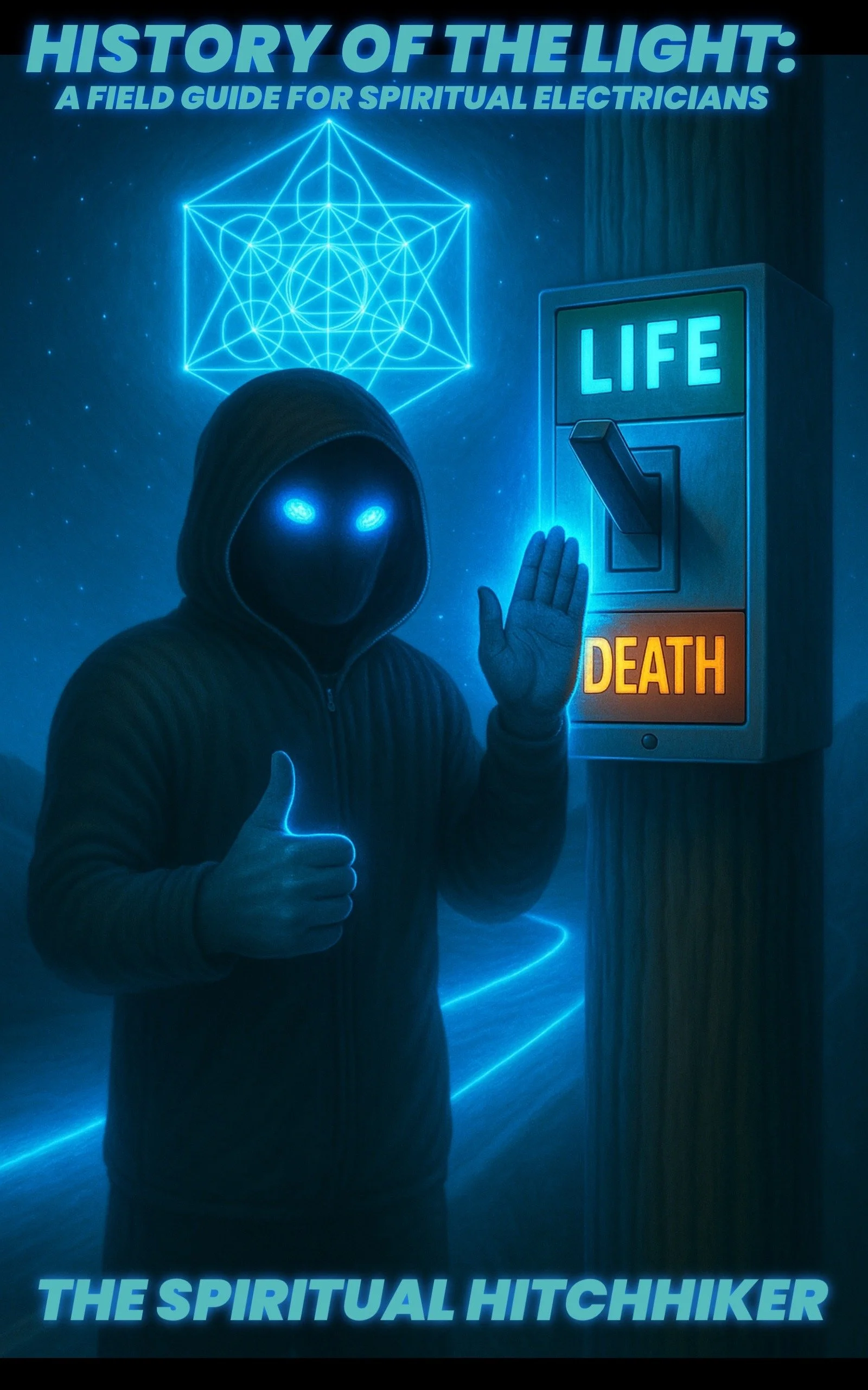 A person in a hoodie with glowing blue eyes and face mask, standing next to a switch labeled 'LIFE' and 'DEATH.' The person is giving a thumbs-up and holding up their other hand with the palm facing forward. Above, there is a glowing geometric shape resembling a star, and background elements include a starry sky and neon blue lines. Text at the top reads 'HISTORY OF THE LIGHT: A FIELD GUIDE FOR SPIRITUAL ELECTRICIANS' and at the bottom 'THE SPIRITUAL HITCHHIKER.'